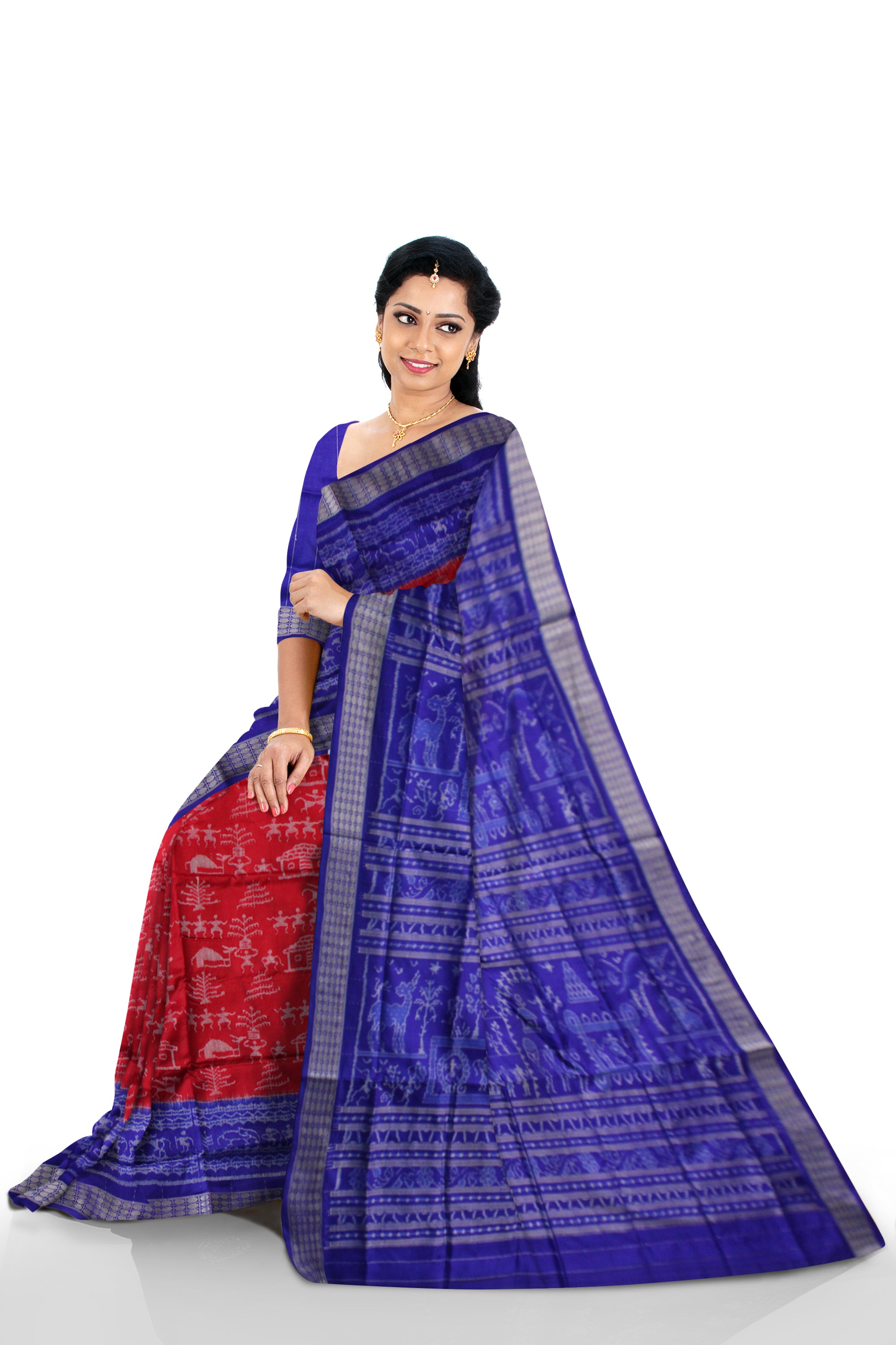 TRADITIONAL VILLAGE PATTERN  PALLU WITH BODY TERRACOTTA PATTERN PURE SILK SAREE IS RED AND BLUE COLOR BASE,COMES WITH MATCHING BLOUSE PIECE. - Koshali Arts & Crafts Enterprise