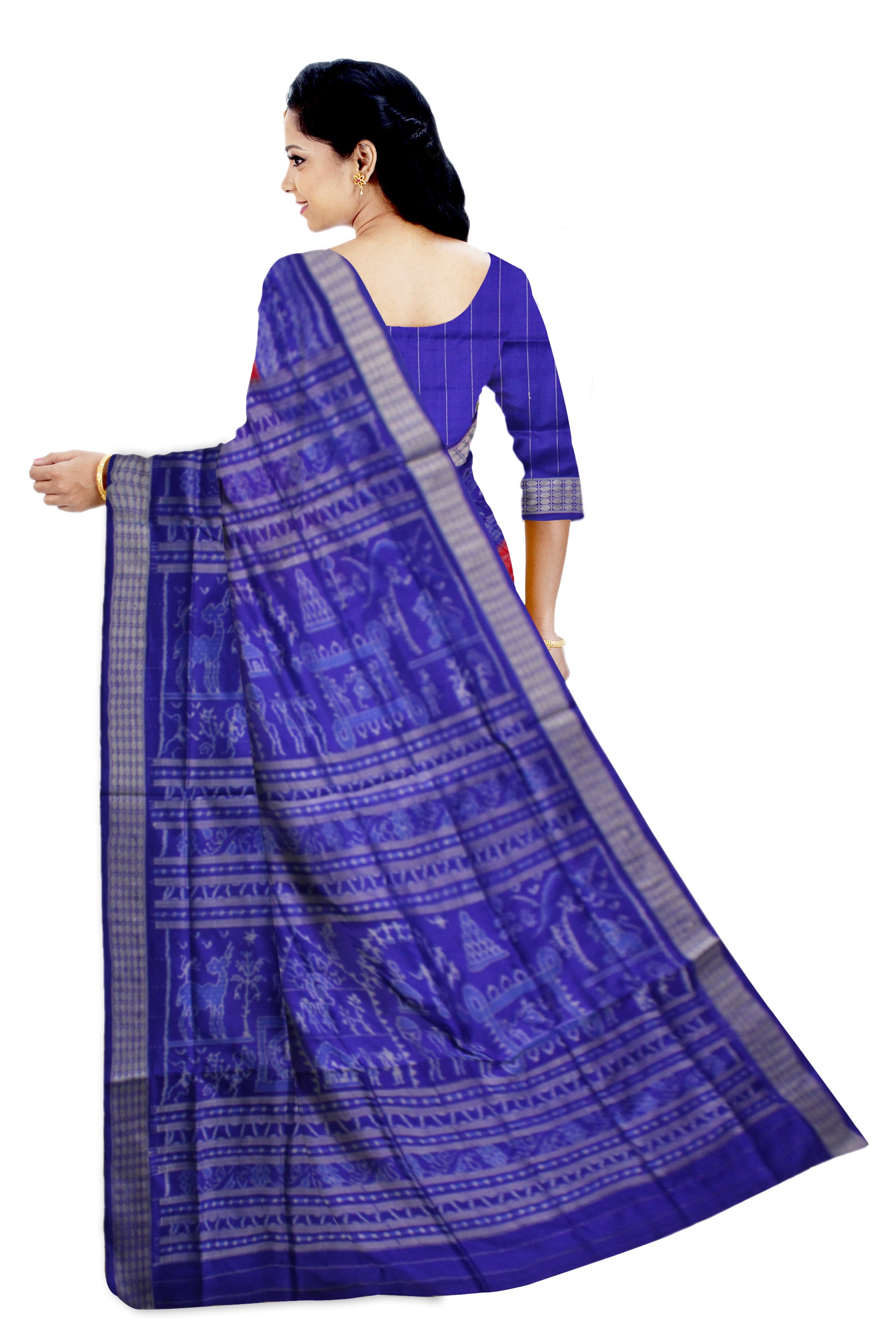 TRADITIONAL VILLAGE PATTERN  PALLU WITH BODY TERRACOTTA PATTERN PURE SILK SAREE IS RED AND BLUE COLOR BASE,COMES WITH MATCHING BLOUSE PIECE. - Koshali Arts & Crafts Enterprise