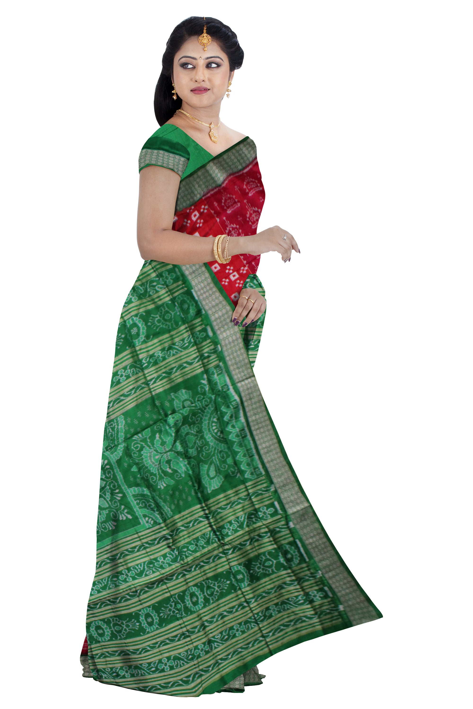 RED AND GREEN COLOR TERRACOTTA WITH PASAPALI PATTERN PURE SILK SAREE,WITH MATCHING BLOUSE PIECE. - Koshali Arts & Crafts Enterprise