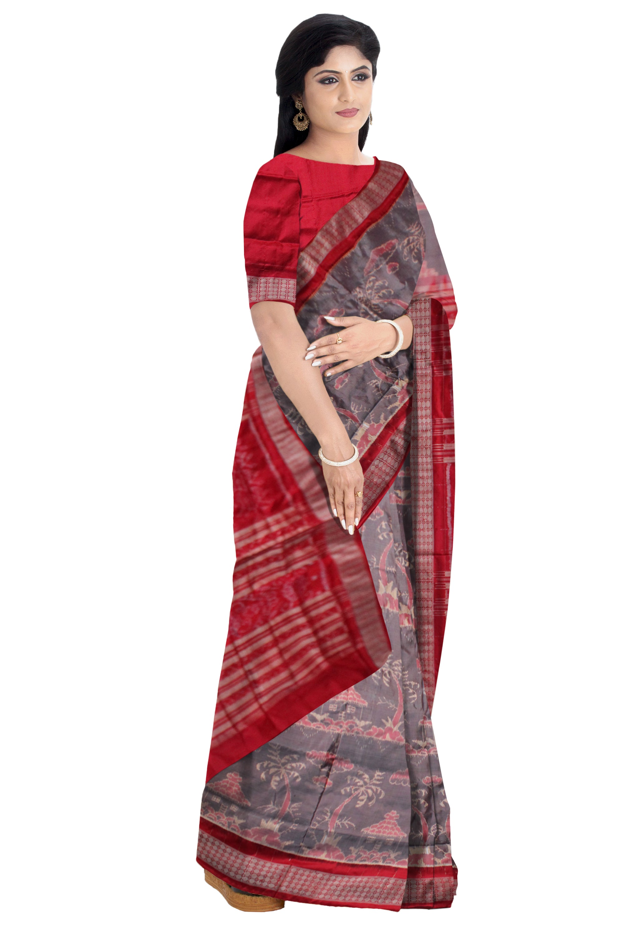 SMALL HOUSE AND TREE PATTERN PURE SILK SAREE IS GREY AND RED COLOR BASE,AVAILABLE WITH MATCHING BLOUSE PIECE. - Koshali Arts & Crafts Enterprise