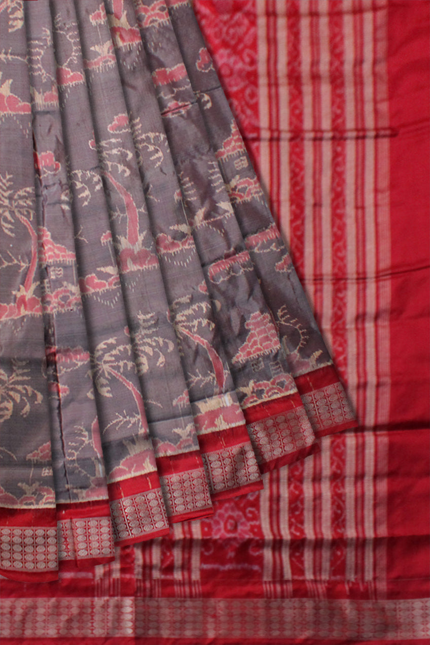 SMALL HOUSE AND TREE PATTERN PURE SILK SAREE IS GREY AND RED COLOR BASE,AVAILABLE WITH MATCHING BLOUSE PIECE. - Koshali Arts & Crafts Enterprise