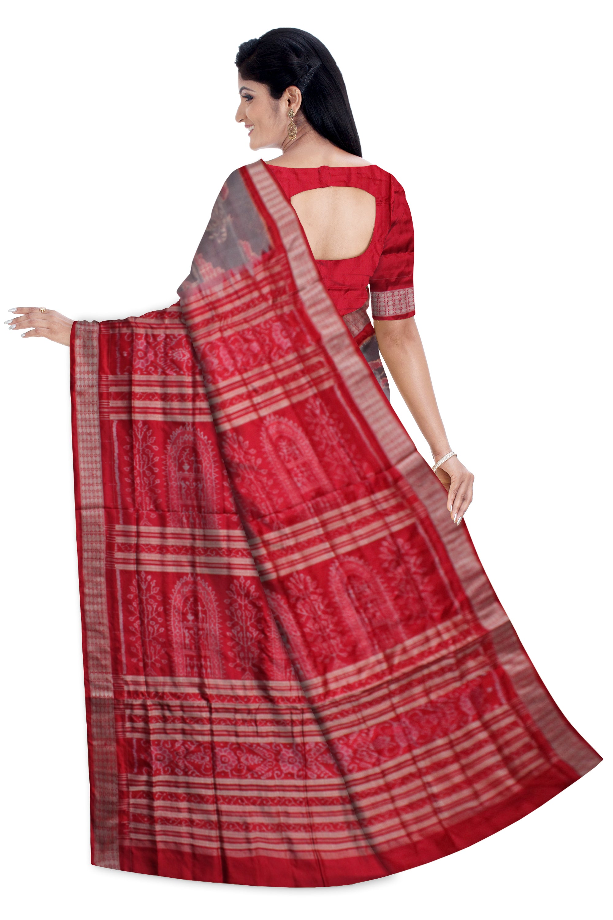SMALL HOUSE AND TREE PATTERN PURE SILK SAREE IS GREY AND RED COLOR BASE,AVAILABLE WITH MATCHING BLOUSE PIECE. - Koshali Arts & Crafts Enterprise