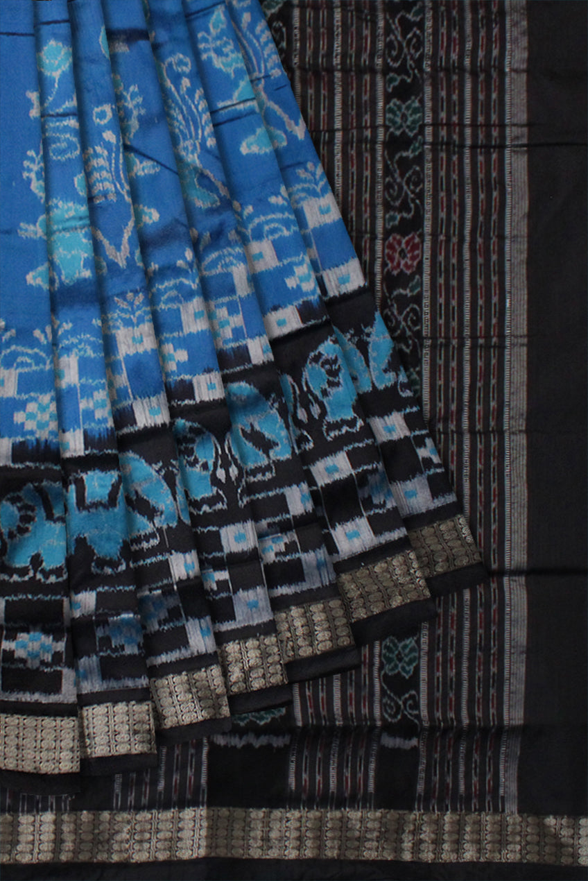 SKY BLUE AND BLACK COLOR ELEPHANT WITH PASAPALI PATTERN PATA SAREE,WITH BLOUSE PIECE. - Koshali Arts & Crafts Enterprise