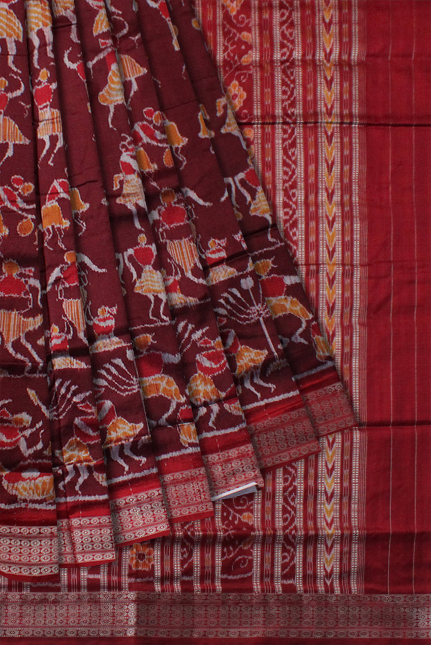 TRIBAL DANCE PATTERN PURE SILK SAREE IS COFFEE WITH MAROON COLOR BASE,COMES WITH MATCHING BLOUSE PIECE. - Koshali Arts & Crafts Enterprise