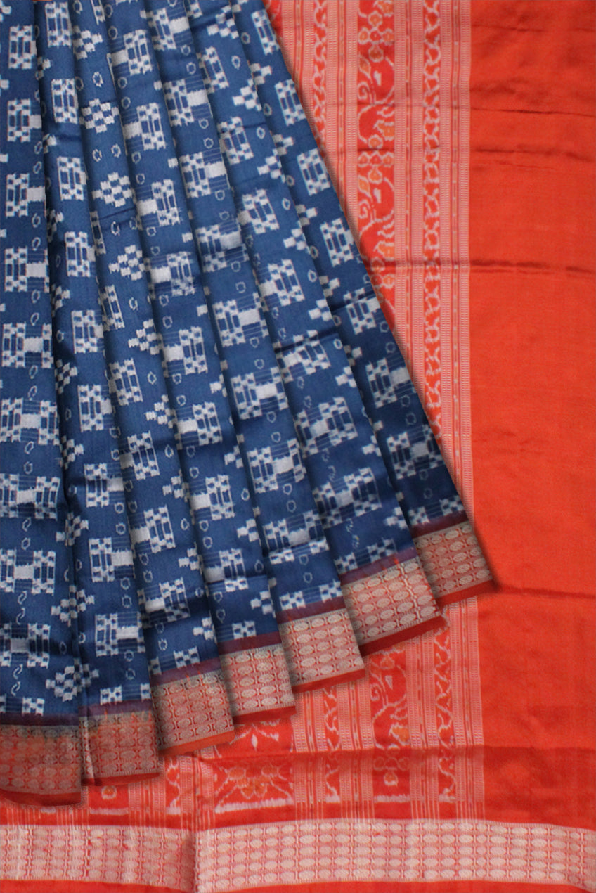 LIGHT BLUE AND ORANGE COLOR PASAPALI PURE SILK SAREE,WITH BLOUSE PIECE. - Koshali Arts & Crafts Enterprise