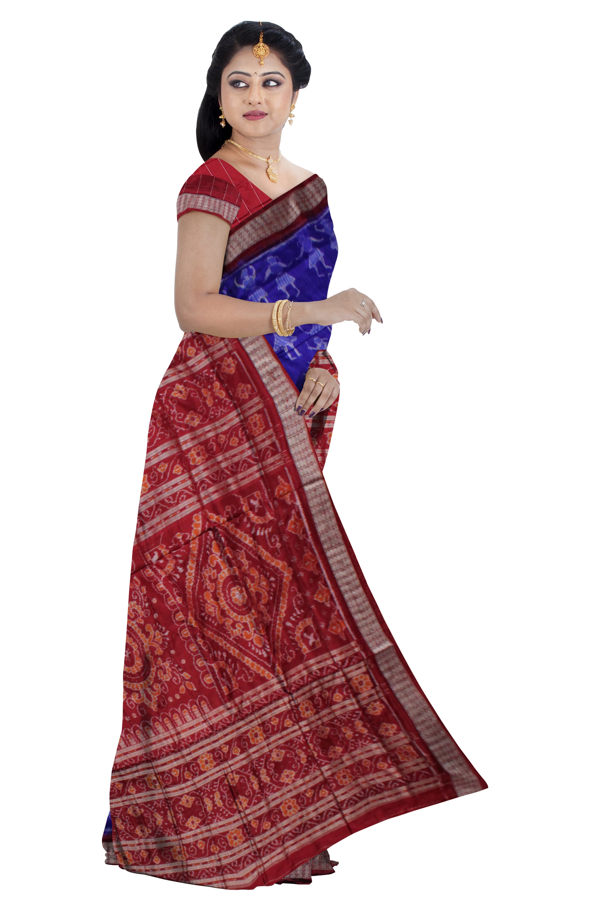 LATEST BLUE AND MAROON COLOR TRIBAL DANCE PATTERN PURE SILK SAREE,WITH BLOUSE PIECE. - Koshali Arts & Crafts Enterprise