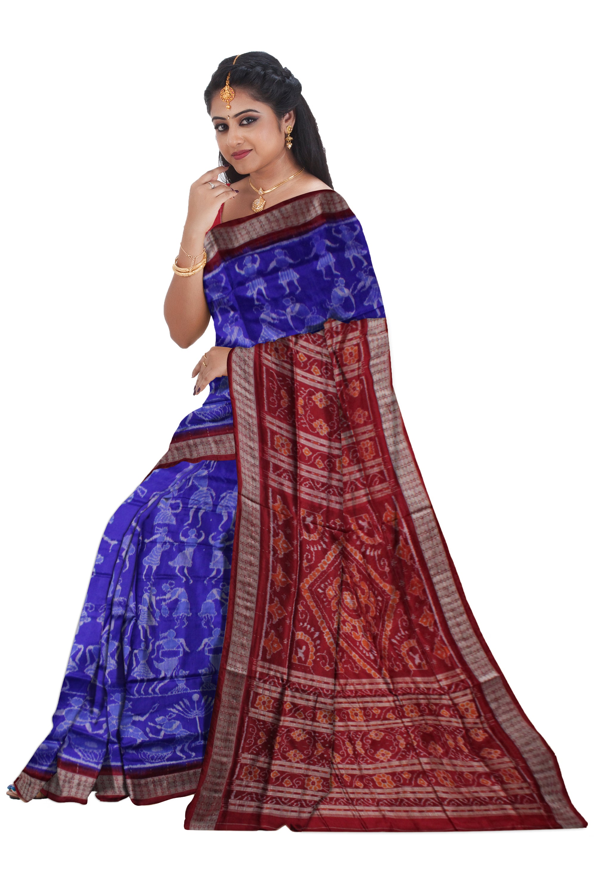 LATEST BLUE AND MAROON COLOR TRIBAL DANCE PATTERN PURE SILK SAREE,WITH BLOUSE PIECE. - Koshali Arts & Crafts Enterprise