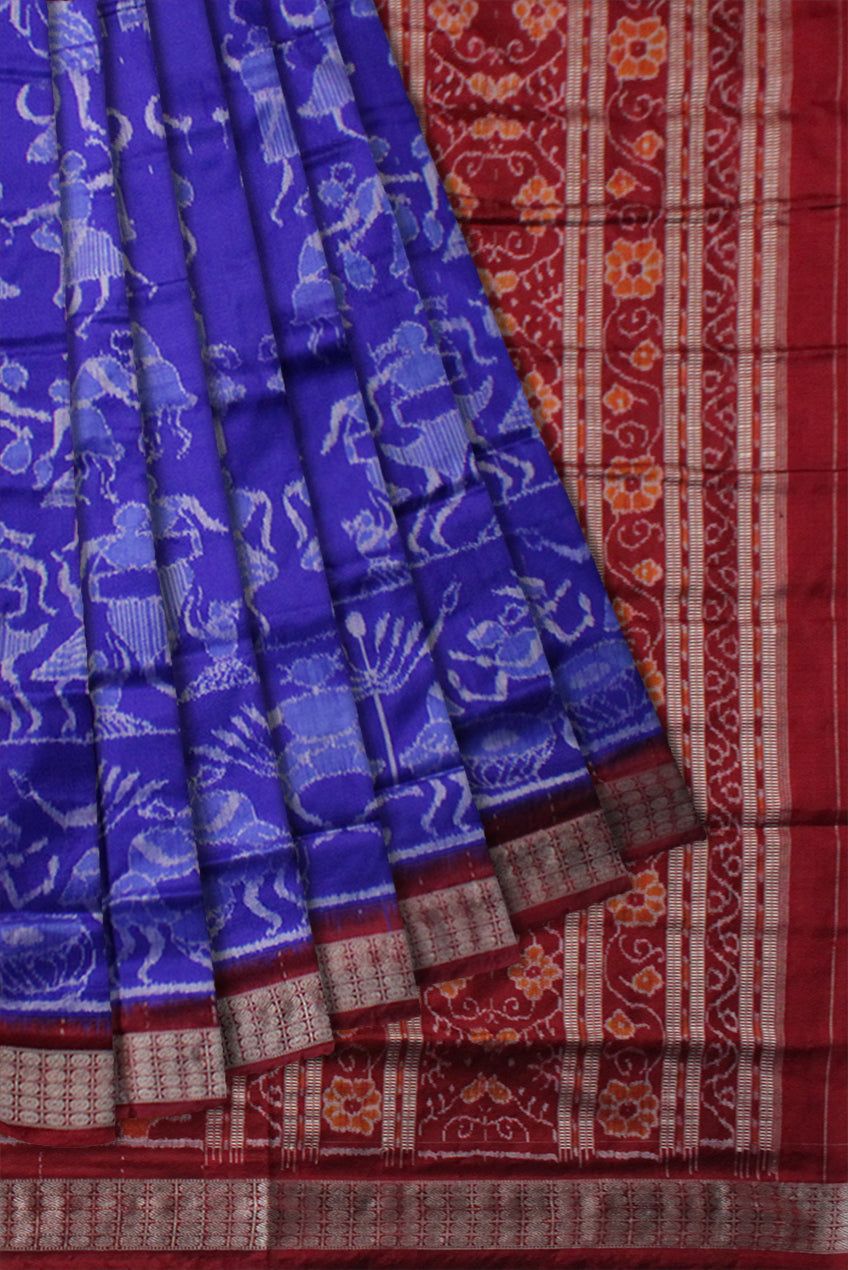 LATEST BLUE AND MAROON COLOR TRIBAL DANCE PATTERN PURE SILK SAREE,WITH BLOUSE PIECE. - Koshali Arts & Crafts Enterprise