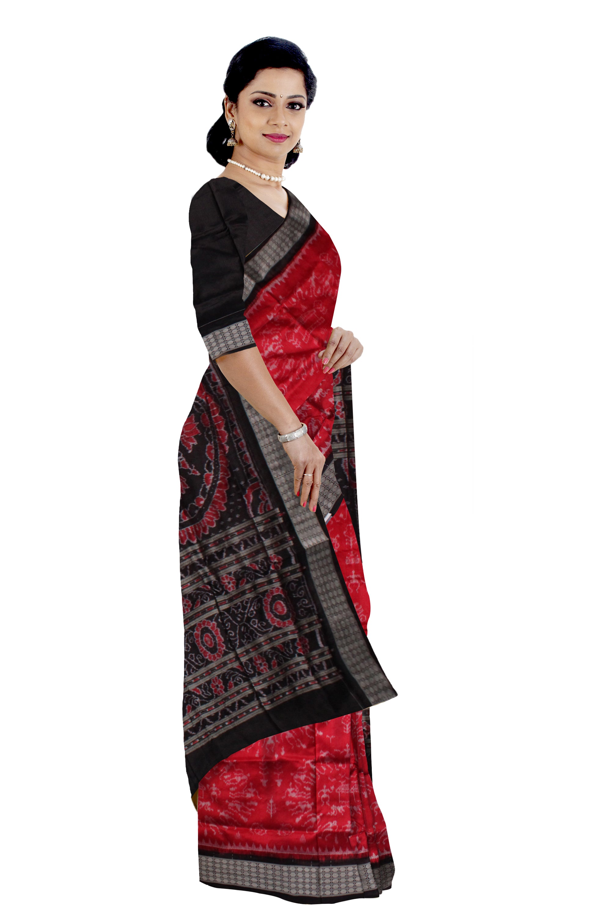 LATEST MARRAIGE COLLECTION RED AND BLACK COLOR 45KUTHI TERRACOTTA PATTERN PURE SILK SAREE,WITH MATCHING BLOUSE PIECE. - Koshali Arts & Crafts Enterprise