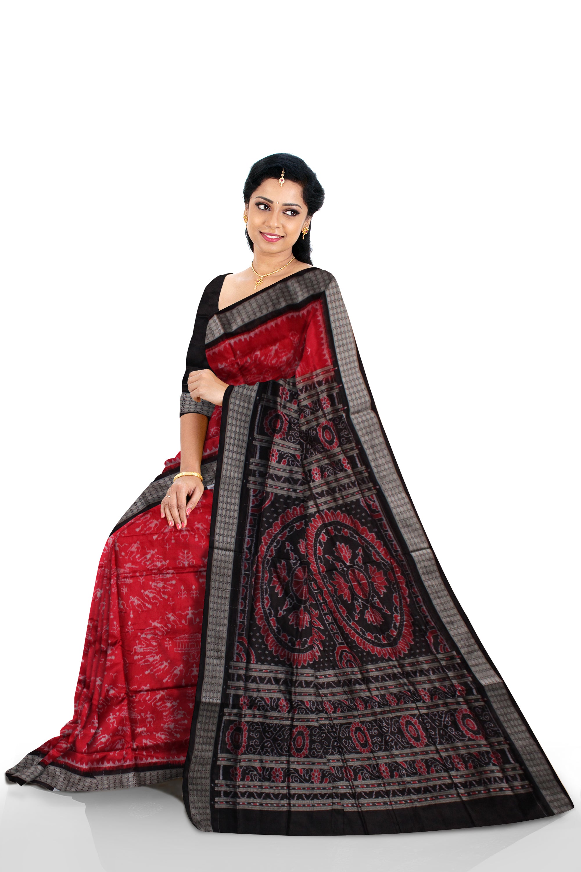 LATEST MARRAIGE COLLECTION RED AND BLACK COLOR 45KUTHI TERRACOTTA PATTERN PURE SILK SAREE,WITH MATCHING BLOUSE PIECE. - Koshali Arts & Crafts Enterprise