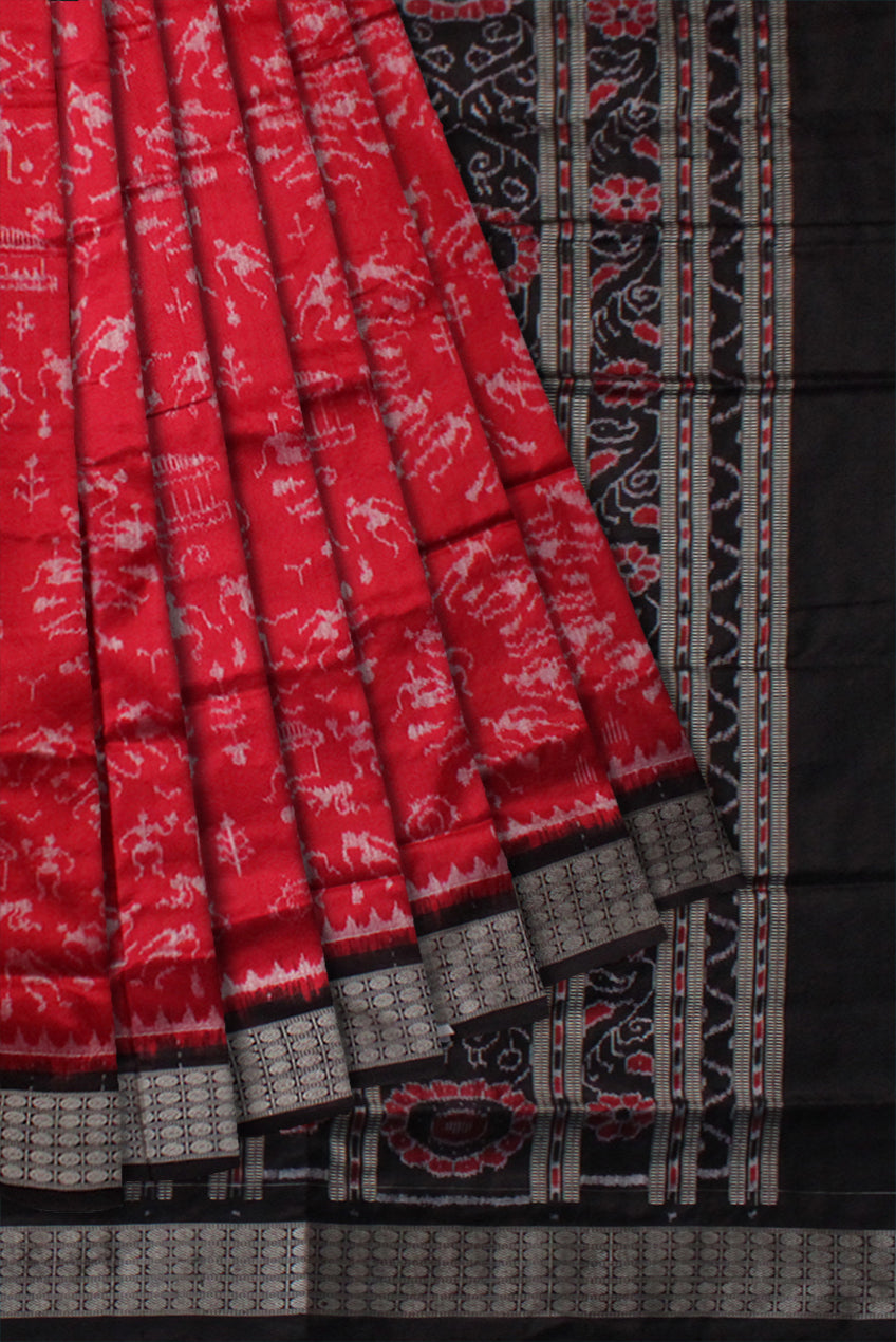 LATEST MARRAIGE COLLECTION RED AND BLACK COLOR 45KUTHI TERRACOTTA PATTERN PURE SILK SAREE,WITH MATCHING BLOUSE PIECE. - Koshali Arts & Crafts Enterprise