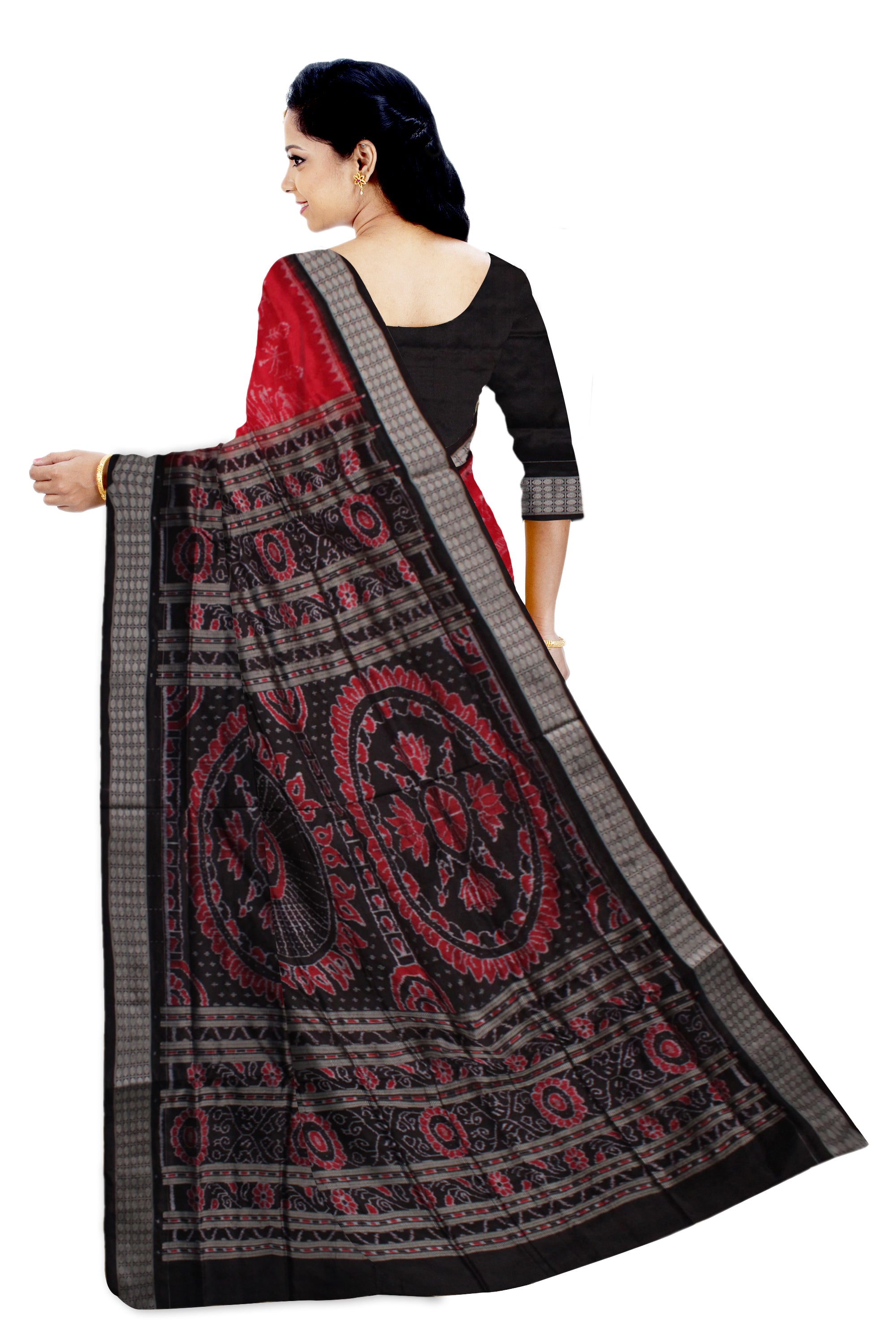 LATEST MARRAIGE COLLECTION RED AND BLACK COLOR 45KUTHI TERRACOTTA PATTERN PURE SILK SAREE,WITH MATCHING BLOUSE PIECE. - Koshali Arts & Crafts Enterprise