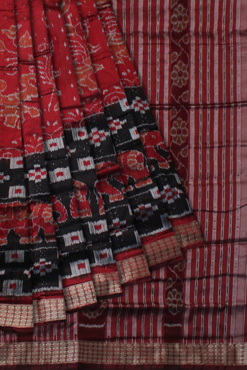 TRADITIONAL ELEPHANT WITH PASAPALI PATTERN PURE SILK SAREE IS DARK ORANGE AND BLACK COLOR BASE,WITH BLOUSE PIECE. - Koshali Arts & Crafts Enterprise