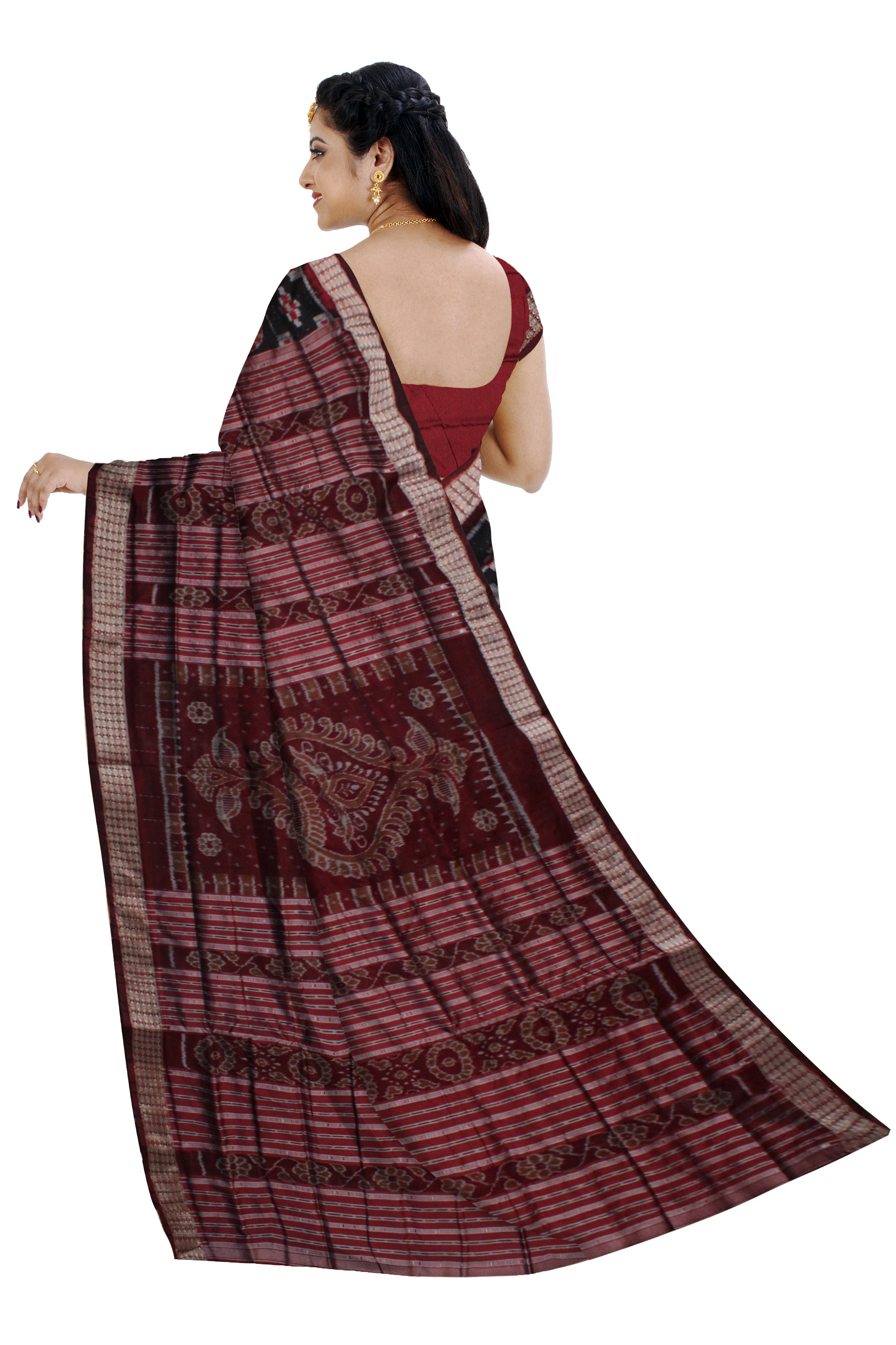 TRADITIONAL ELEPHANT WITH PASAPALI PATTERN PURE SILK SAREE IS DARK ORANGE AND BLACK COLOR BASE,WITH BLOUSE PIECE. - Koshali Arts & Crafts Enterprise