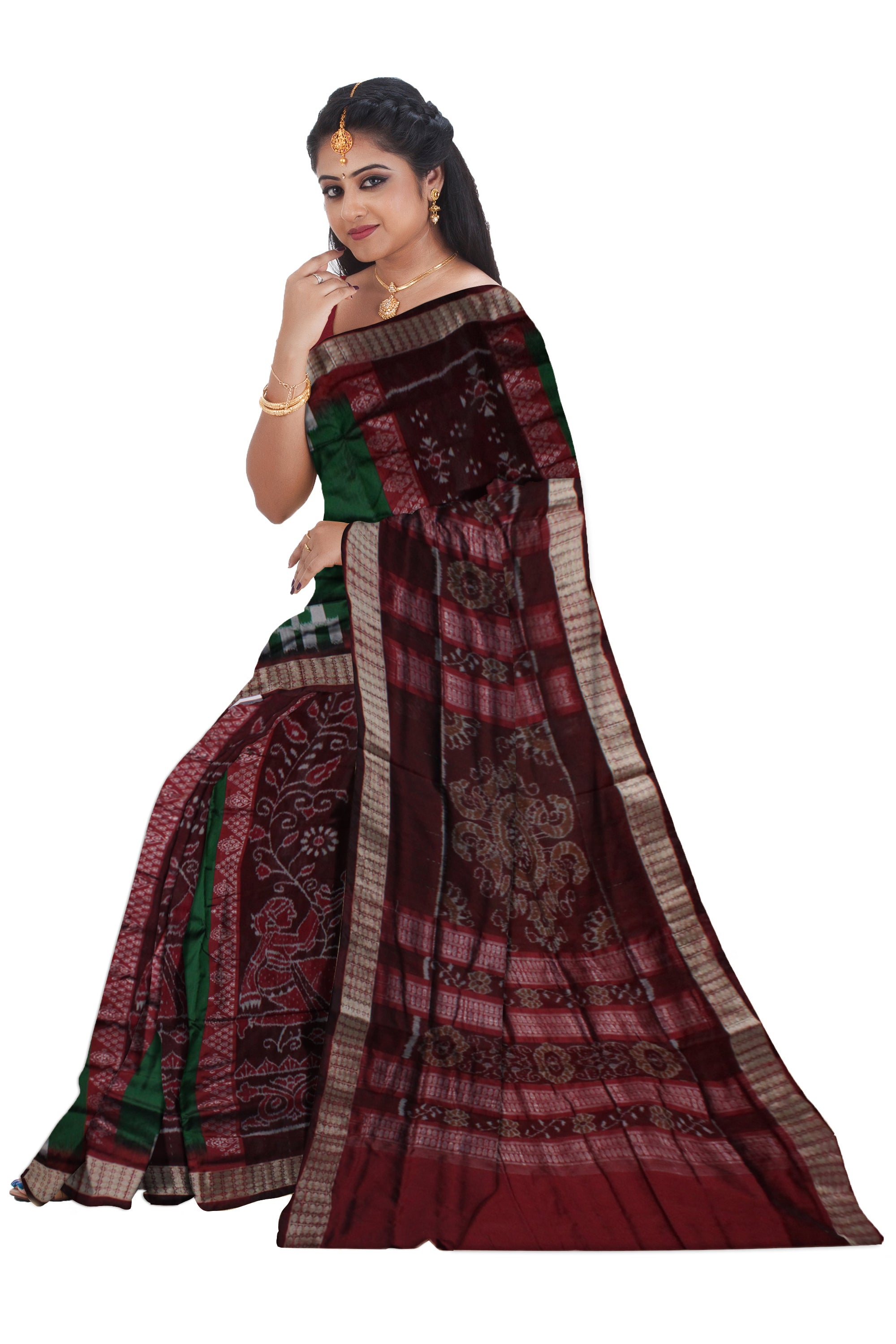 NARTAKI WITH SAPTA PATTERN BOMKEI PATA SAREE IS GREEN AND COFFEE COLOR BASE,WITH BLOUSE PIECE. - Koshali Arts & Crafts Enterprise