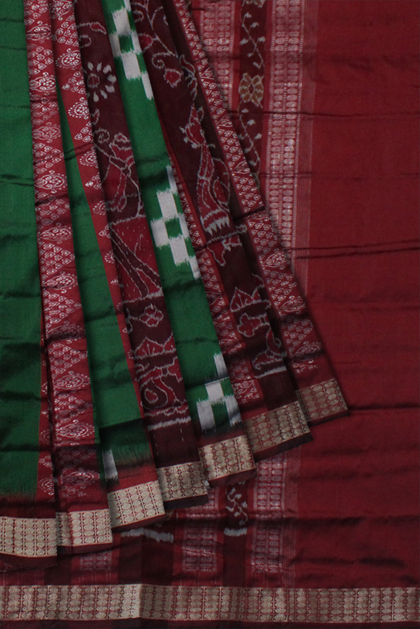 NARTAKI WITH SAPTA PATTERN BOMKEI PATA SAREE IS GREEN AND COFFEE COLOR BASE,WITH BLOUSE PIECE. - Koshali Arts & Crafts Enterprise