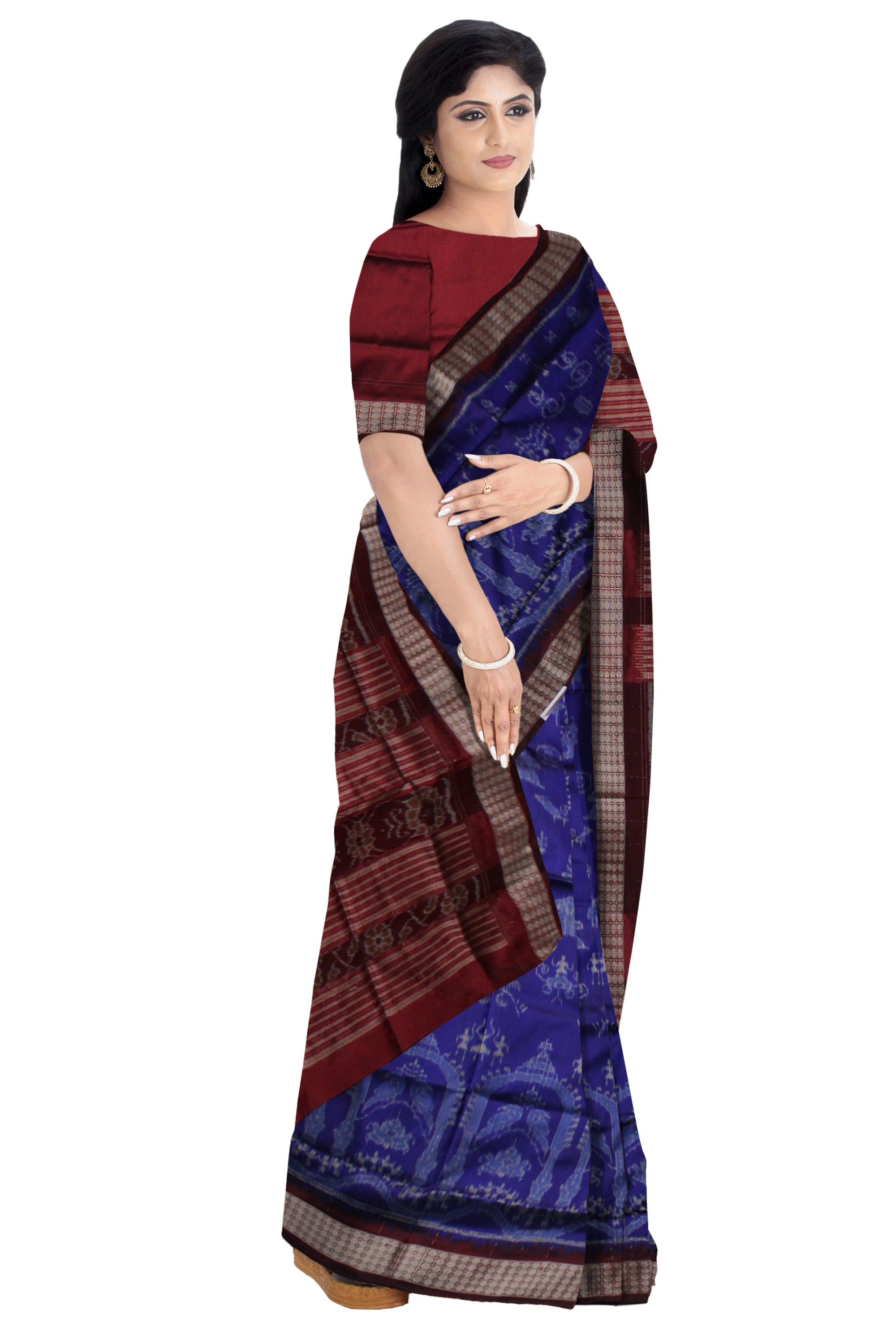 TERRACOTTA WITH PARROT PATTERN PATA SAREE IS BLUE AND COFFEE COLOR BASE,COMES WITH MATCHIG BLOUSE PIECE. - Koshali Arts & Crafts Enterprise