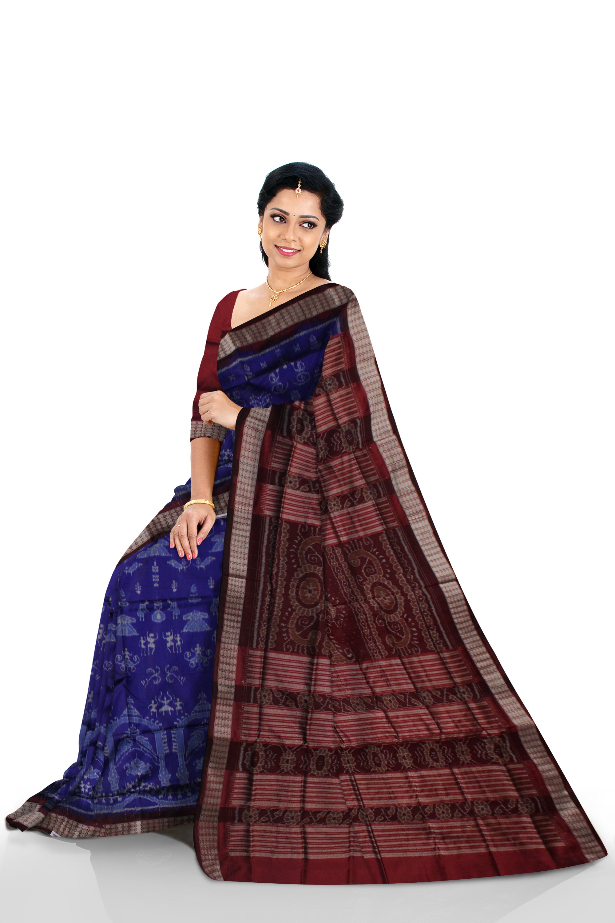 TERRACOTTA WITH PARROT PATTERN PATA SAREE IS BLUE AND COFFEE COLOR BASE,COMES WITH MATCHIG BLOUSE PIECE. - Koshali Arts & Crafts Enterprise