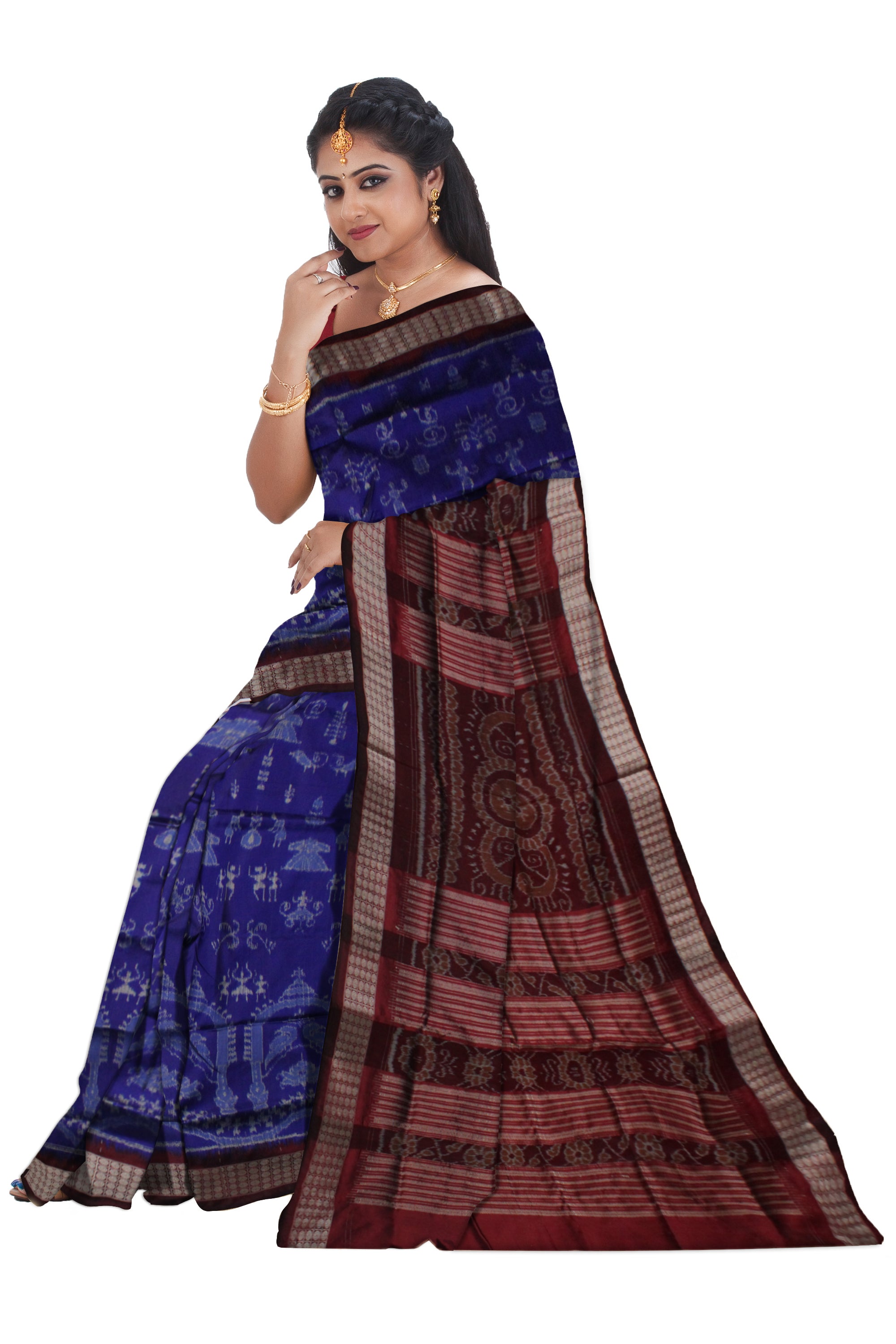 TERRACOTTA WITH PARROT PATTERN PATA SAREE IS BLUE AND COFFEE COLOR BASE,COMES WITH MATCHIG BLOUSE PIECE. - Koshali Arts & Crafts Enterprise