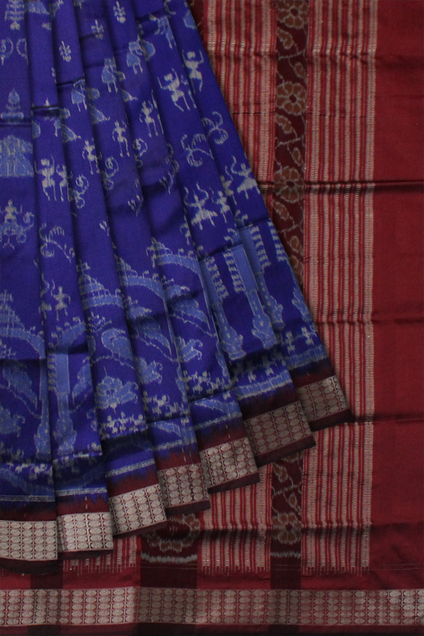 TERRACOTTA WITH PARROT PATTERN PATA SAREE IS BLUE AND COFFEE COLOR BASE,COMES WITH MATCHIG BLOUSE PIECE. - Koshali Arts & Crafts Enterprise