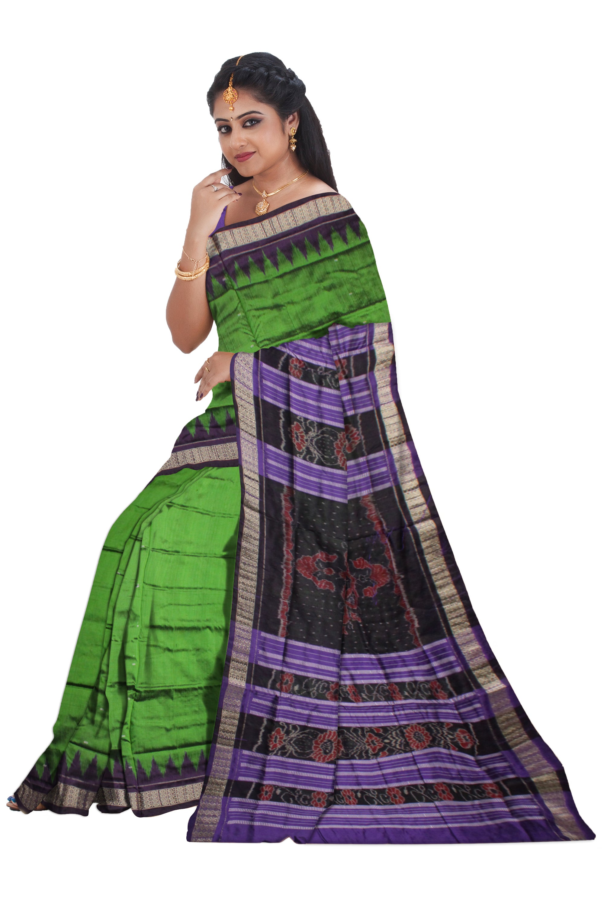 SMALL BOOTY PATTERN PLAIN PATA SAREE IS GREEN AND PURPLE COLOR BASE.WITH MATCHING BLOUSE PIECE. - Koshali Arts & Crafts Enterprise