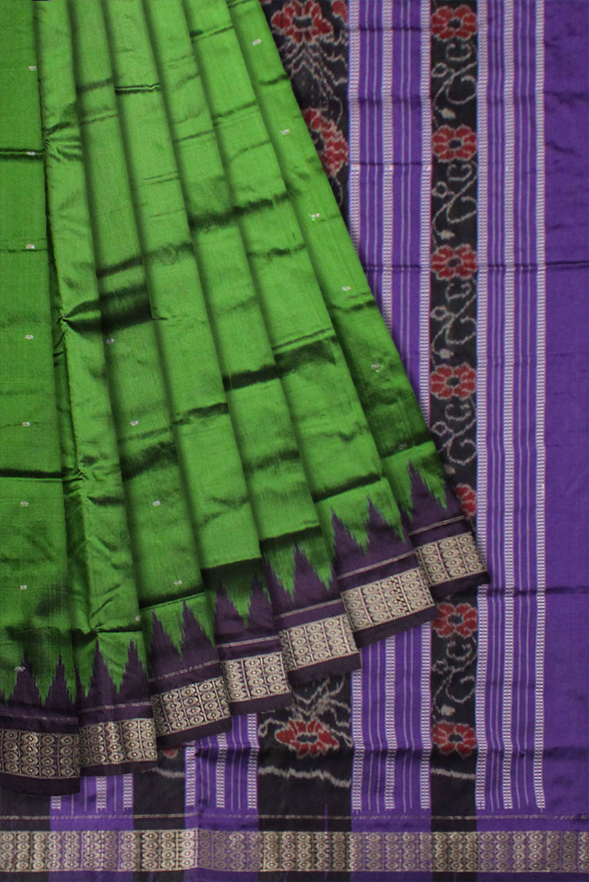SMALL BOOTY PATTERN PLAIN PATA SAREE IS GREEN AND PURPLE COLOR BASE.WITH MATCHING BLOUSE PIECE. - Koshali Arts & Crafts Enterprise