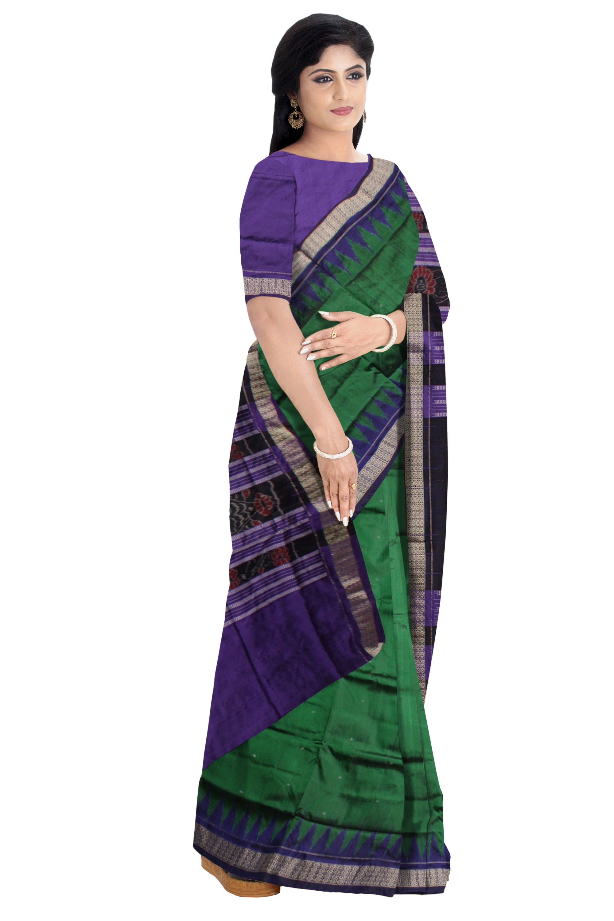 DARK GREEN AND PURPLE COLOR PLAIN PATA SAREE, WITH BLOUSE PIECE. - Koshali Arts & Crafts Enterprise