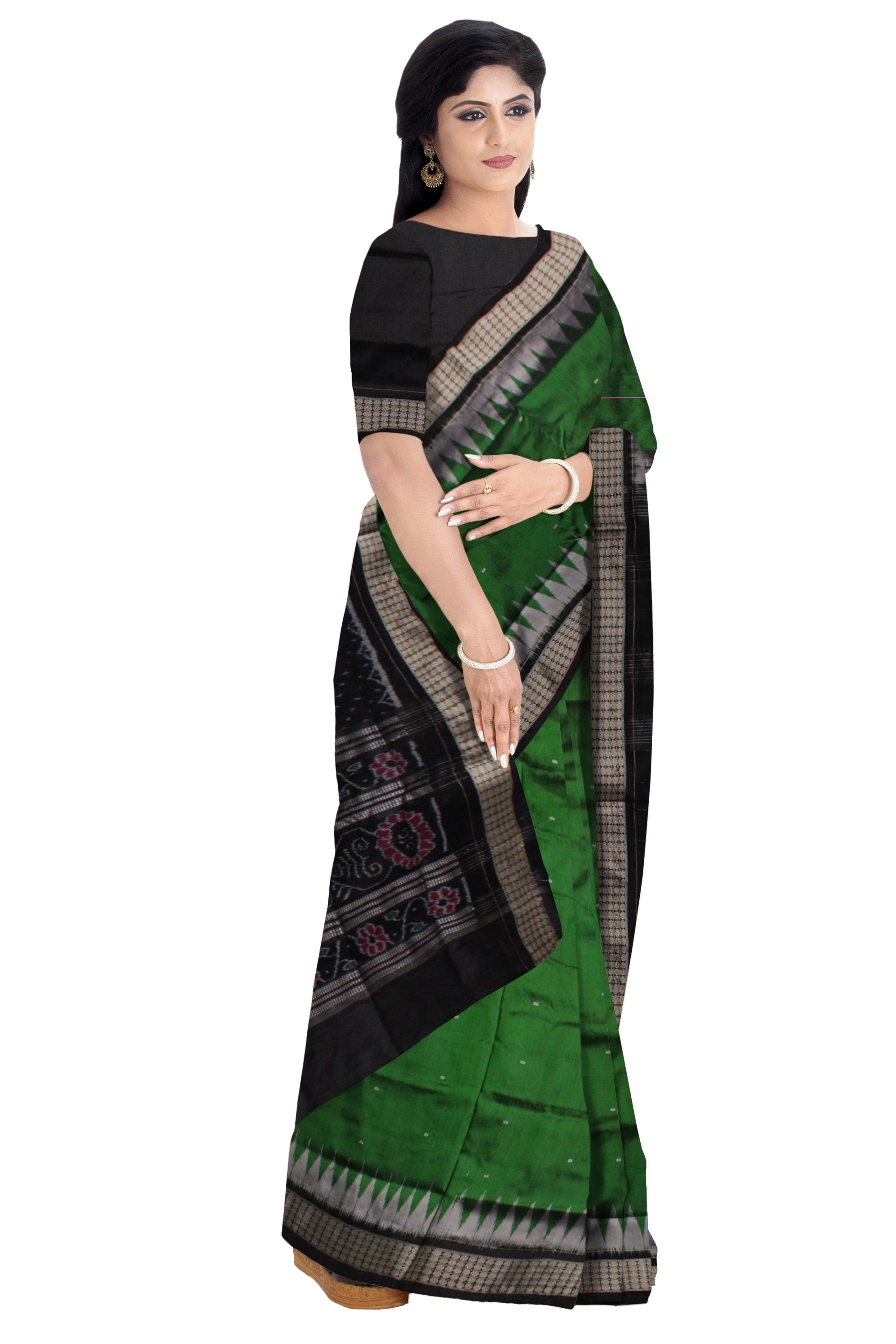 SMALL BOOTY PATTERN PATA SAREE IS GREEN AND BLACK COLOR BASE,COMES WITH MATCHING BLOUSE PIECE. - Koshali Arts & Crafts Enterprise