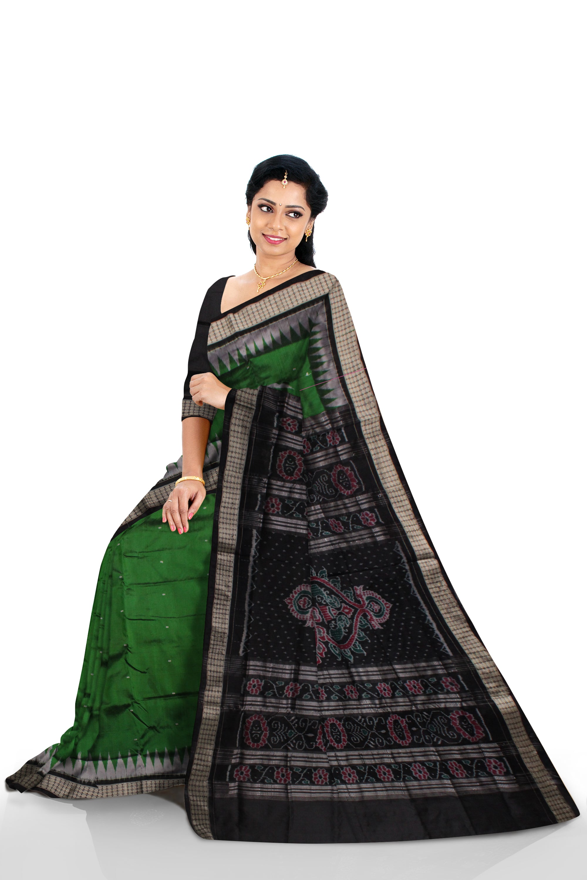 SMALL BOOTY PATTERN PATA SAREE IS GREEN AND BLACK COLOR BASE,COMES WITH MATCHING BLOUSE PIECE. - Koshali Arts & Crafts Enterprise