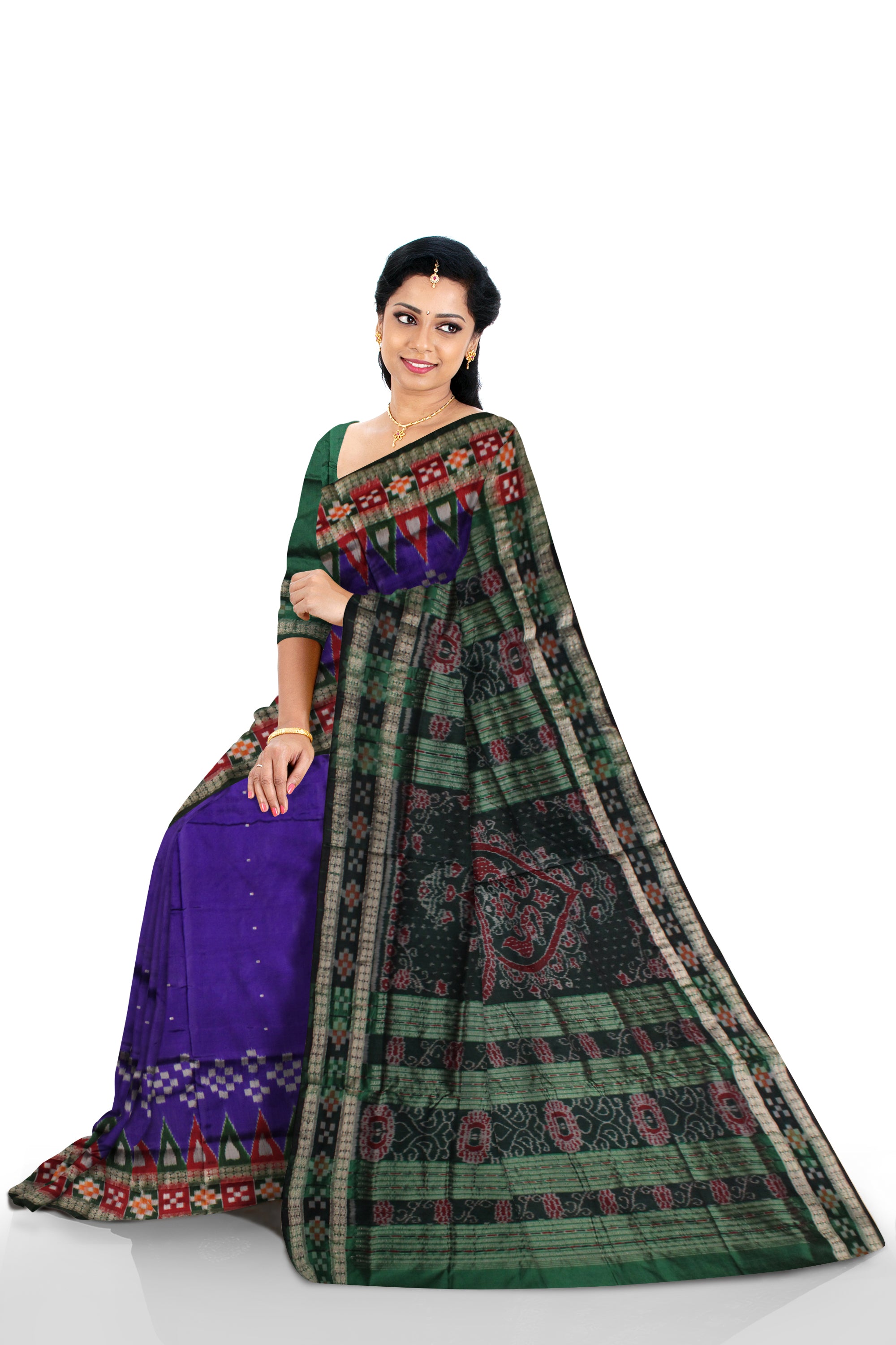 PURPLE AND GREEN COLOR DESIGN DHADI SAPTA PATA SAREE,COMES WITH MATCHING BLOUSE PIECE. - Koshali Arts & Crafts Enterprise