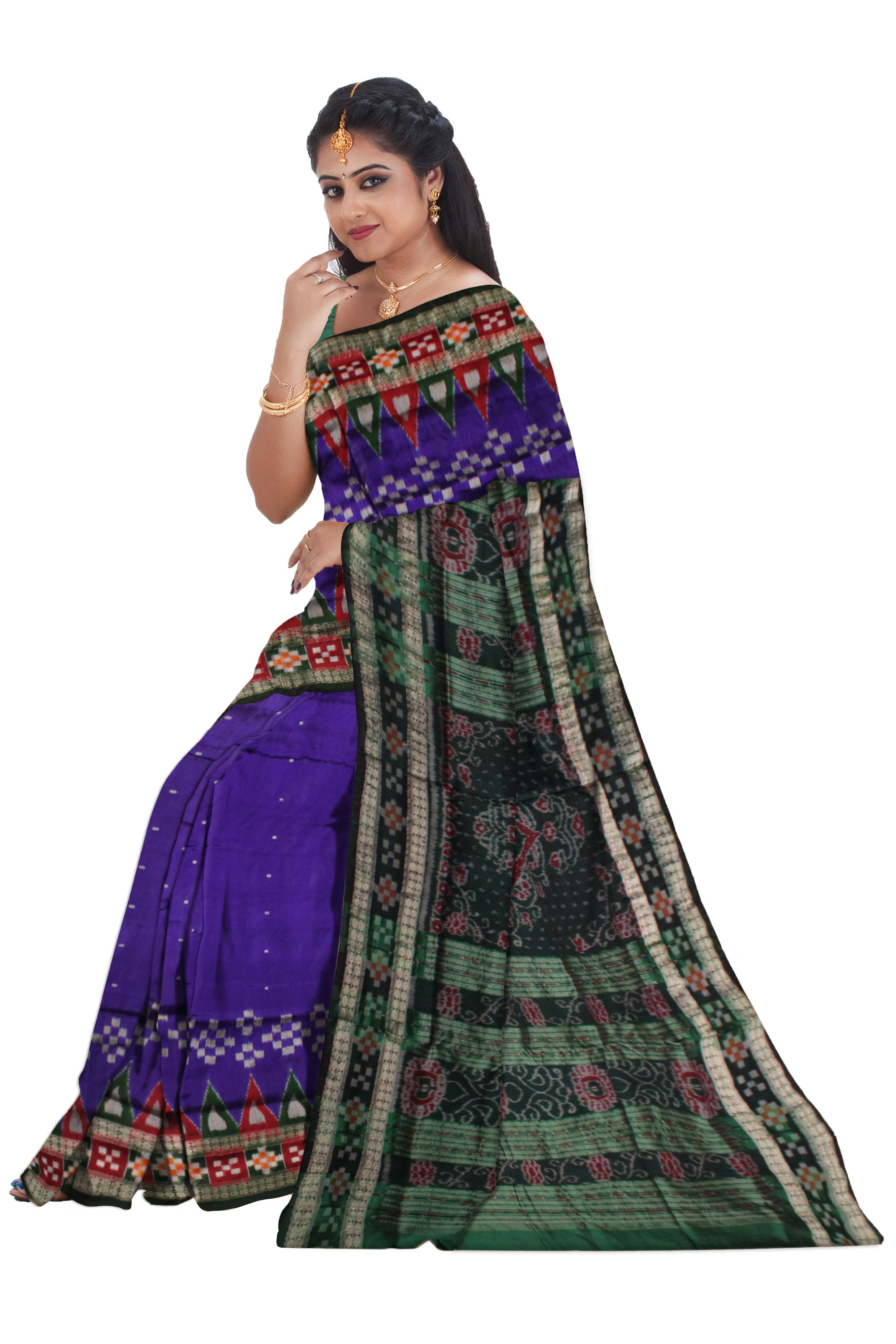 PURPLE AND GREEN COLOR DESIGN DHADI SAPTA PATA SAREE,COMES WITH MATCHING BLOUSE PIECE. - Koshali Arts & Crafts Enterprise