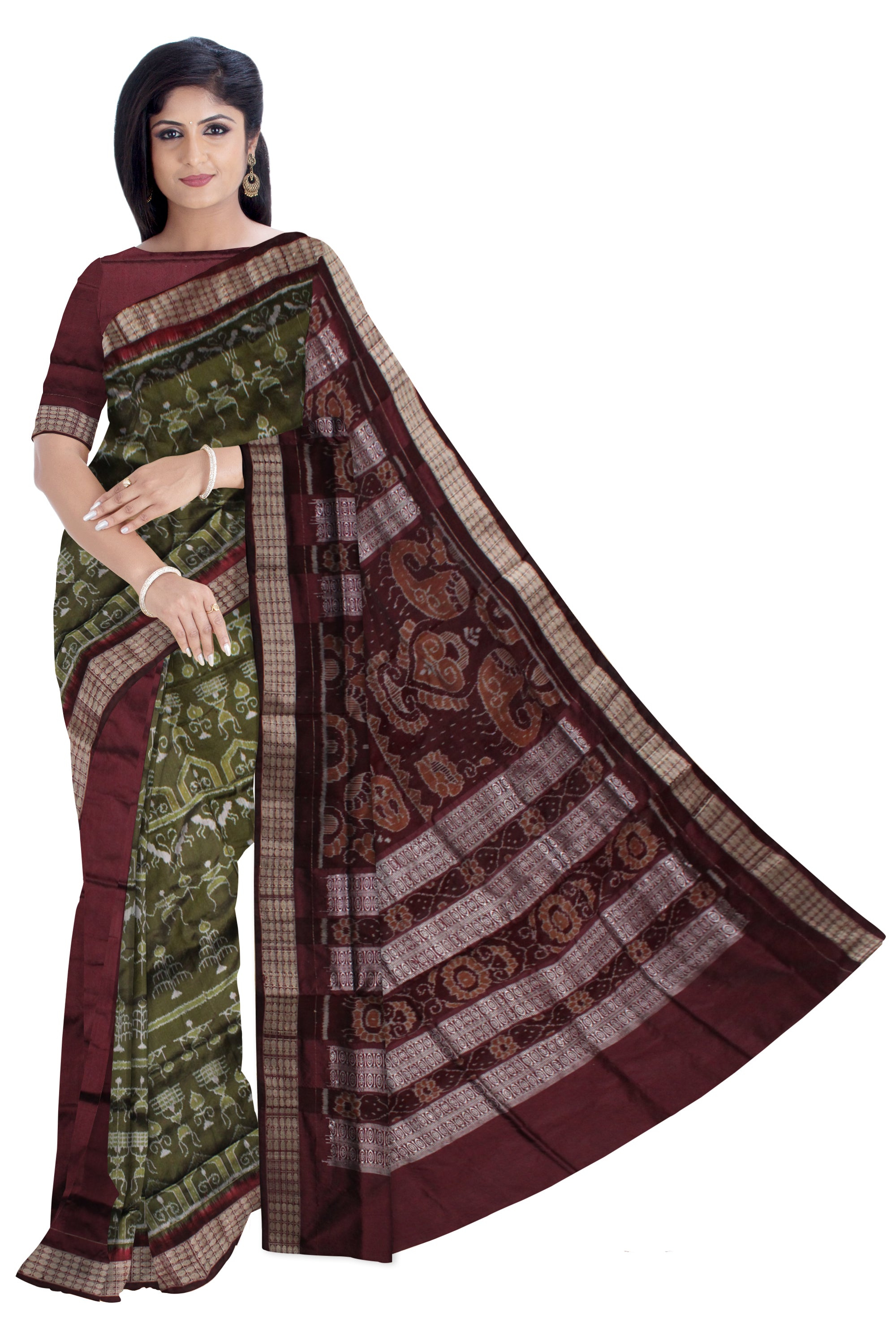 MEHENDI AND COFFEE COLOR TERRACOTTA PATTERN PATLI PATA SAREE,COMES WITH MATCHING BLOUSE PIECE. - Koshali Arts & Crafts Enterprise