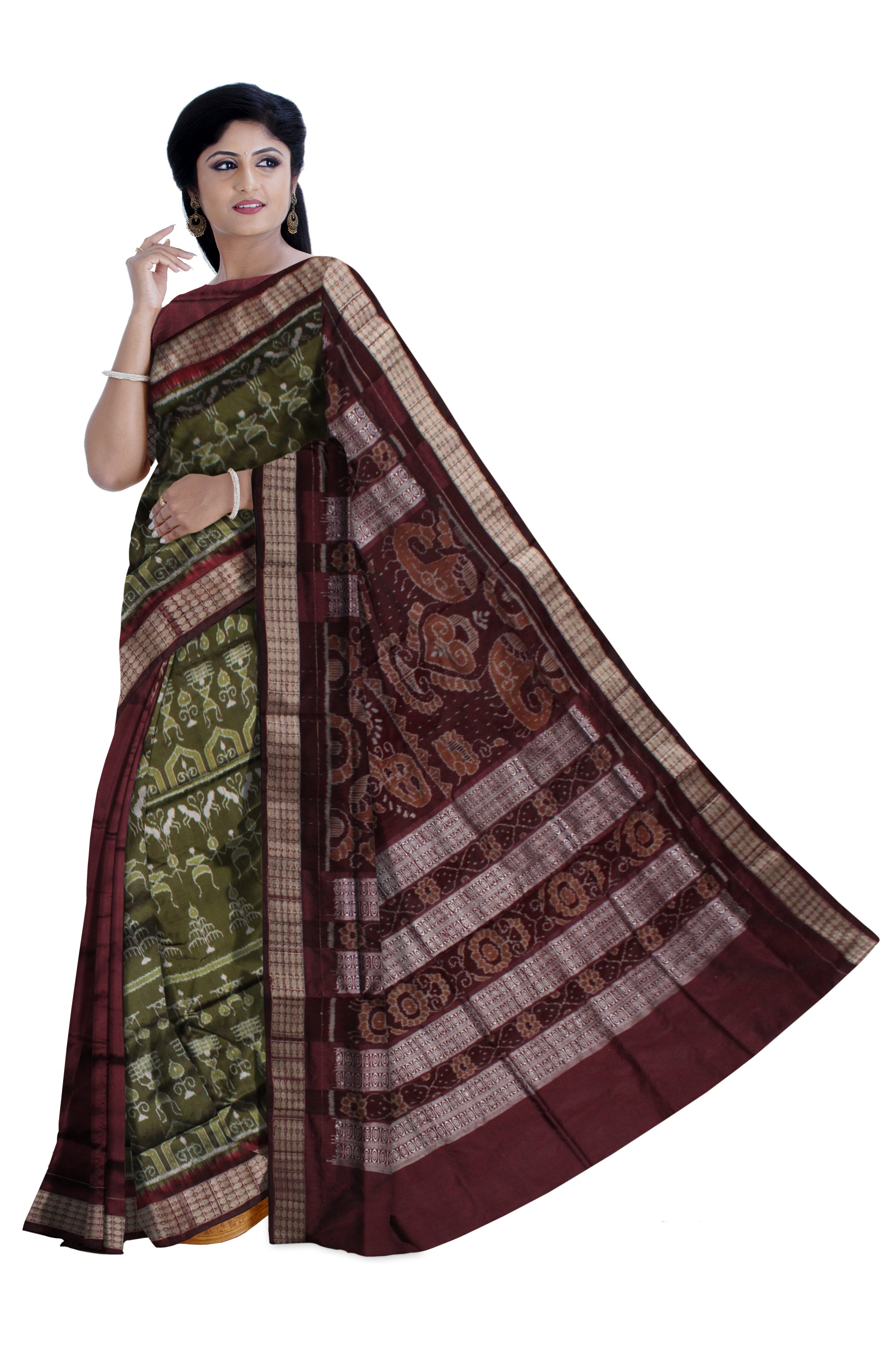 MEHENDI AND COFFEE COLOR TERRACOTTA PATTERN PATLI PATA SAREE,COMES WITH MATCHING BLOUSE PIECE. - Koshali Arts & Crafts Enterprise