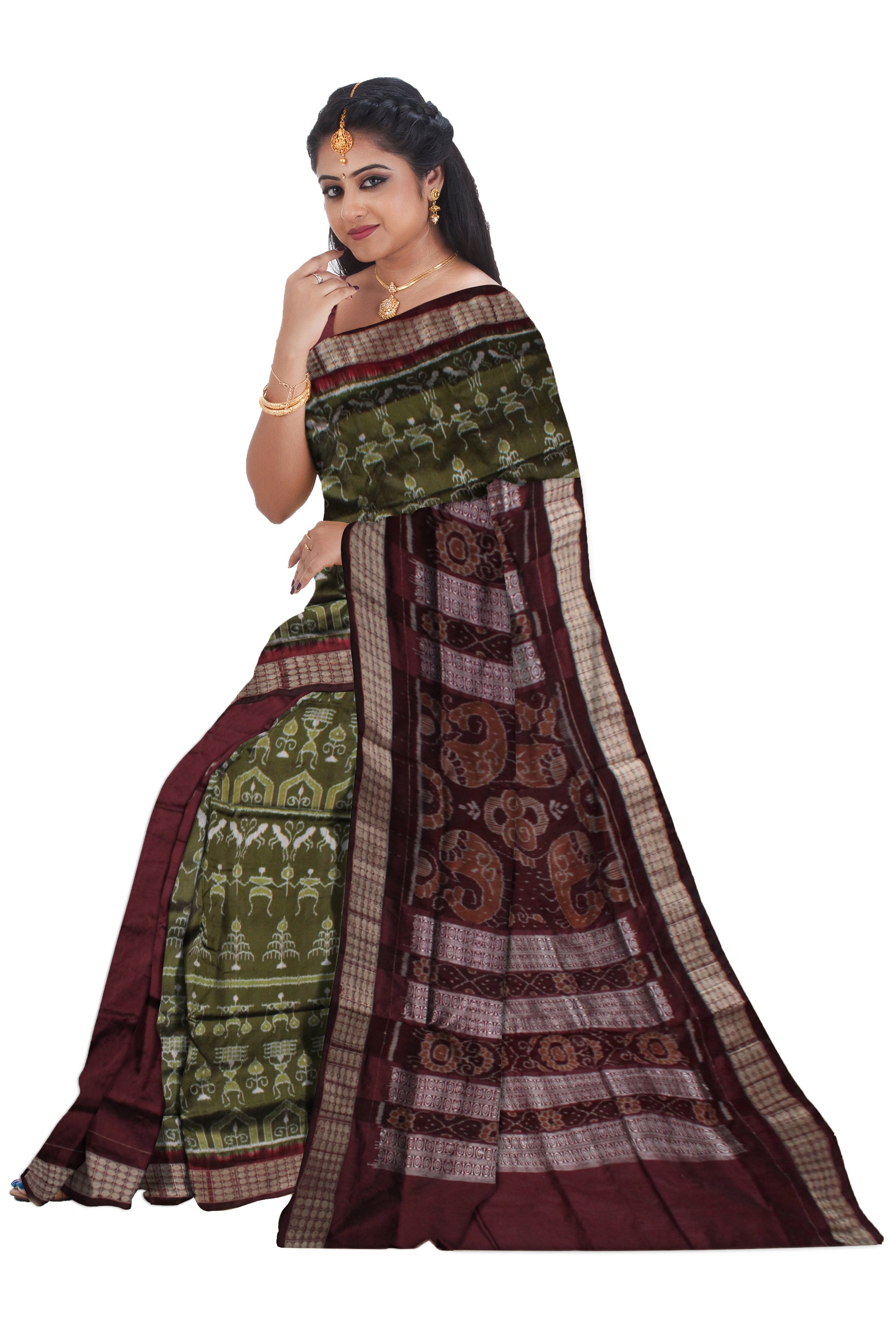 MEHENDI AND COFFEE COLOR TERRACOTTA PATTERN PATLI PATA SAREE,COMES WITH MATCHING BLOUSE PIECE. - Koshali Arts & Crafts Enterprise