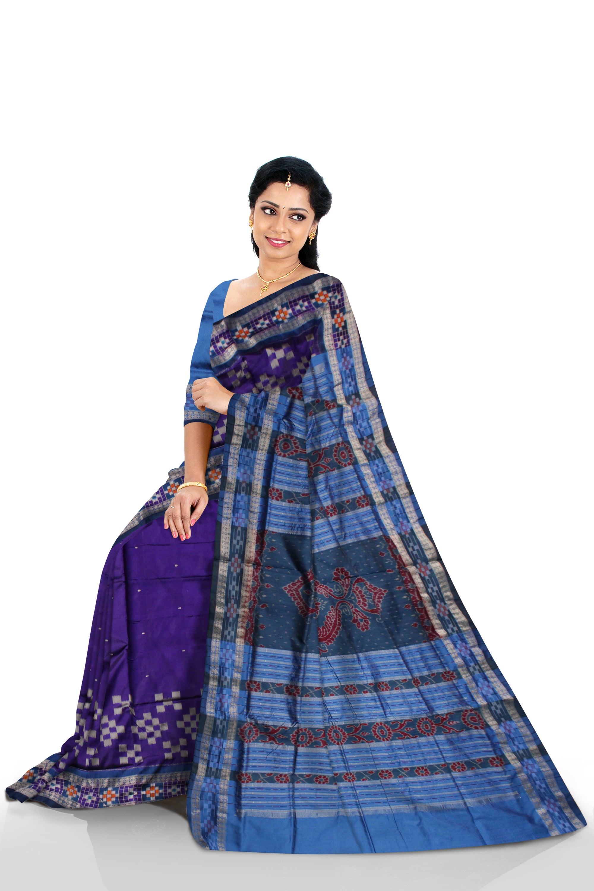 PURPLE AND SKY COLOR DESIGN DHADI SAPTA PATA SAREE,COMES WITH MATCHING BLOUSE PIECE. - Koshali Arts & Crafts Enterprise