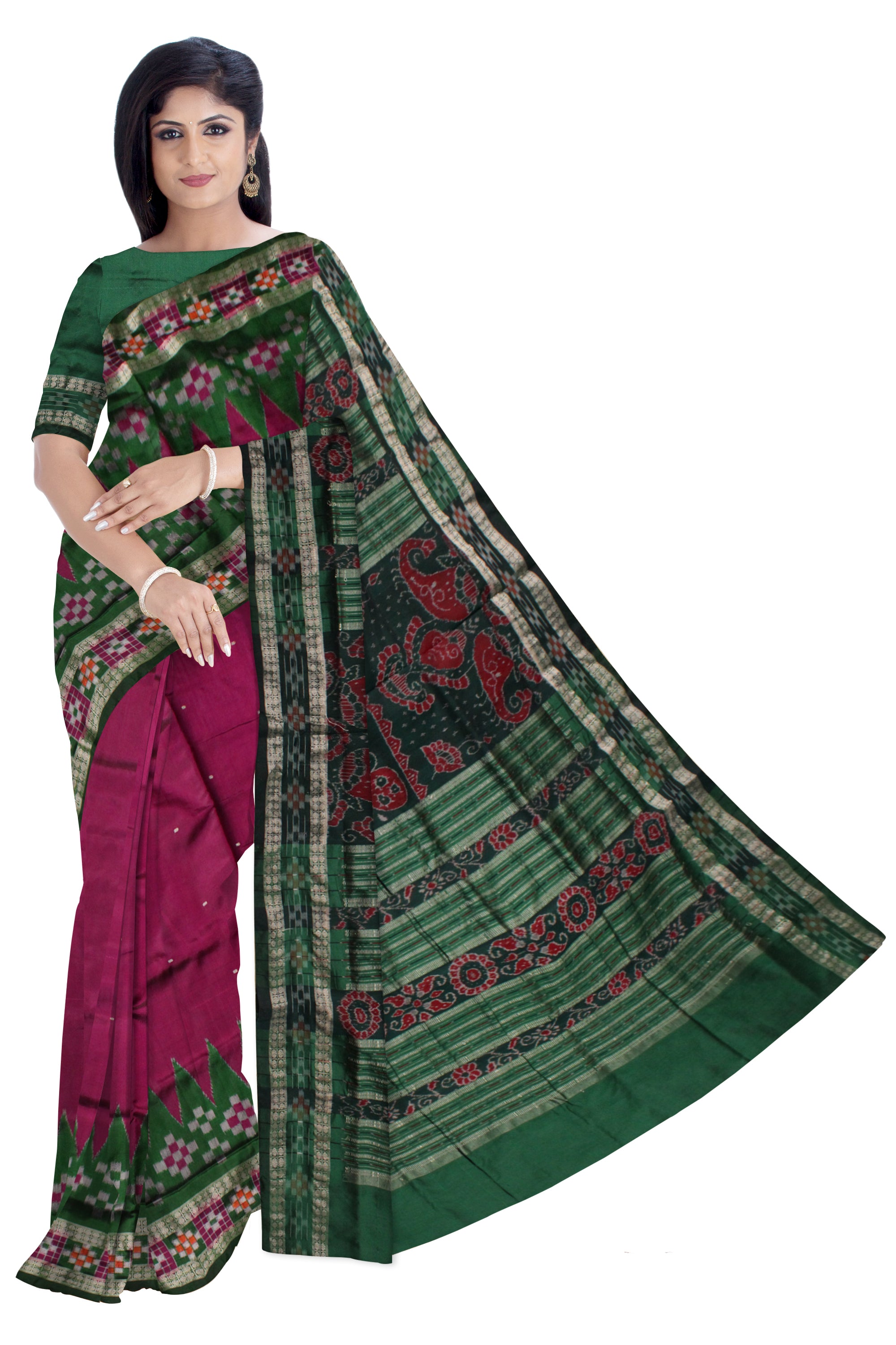 TRADITIONAL DHADI PASAPALI PATTERN PATA SAREE IS PINK AND GREEN COLOR BASE,COMES WITH MATCHING BLOUSE PIECE. - Koshali Arts & Crafts Enterprise