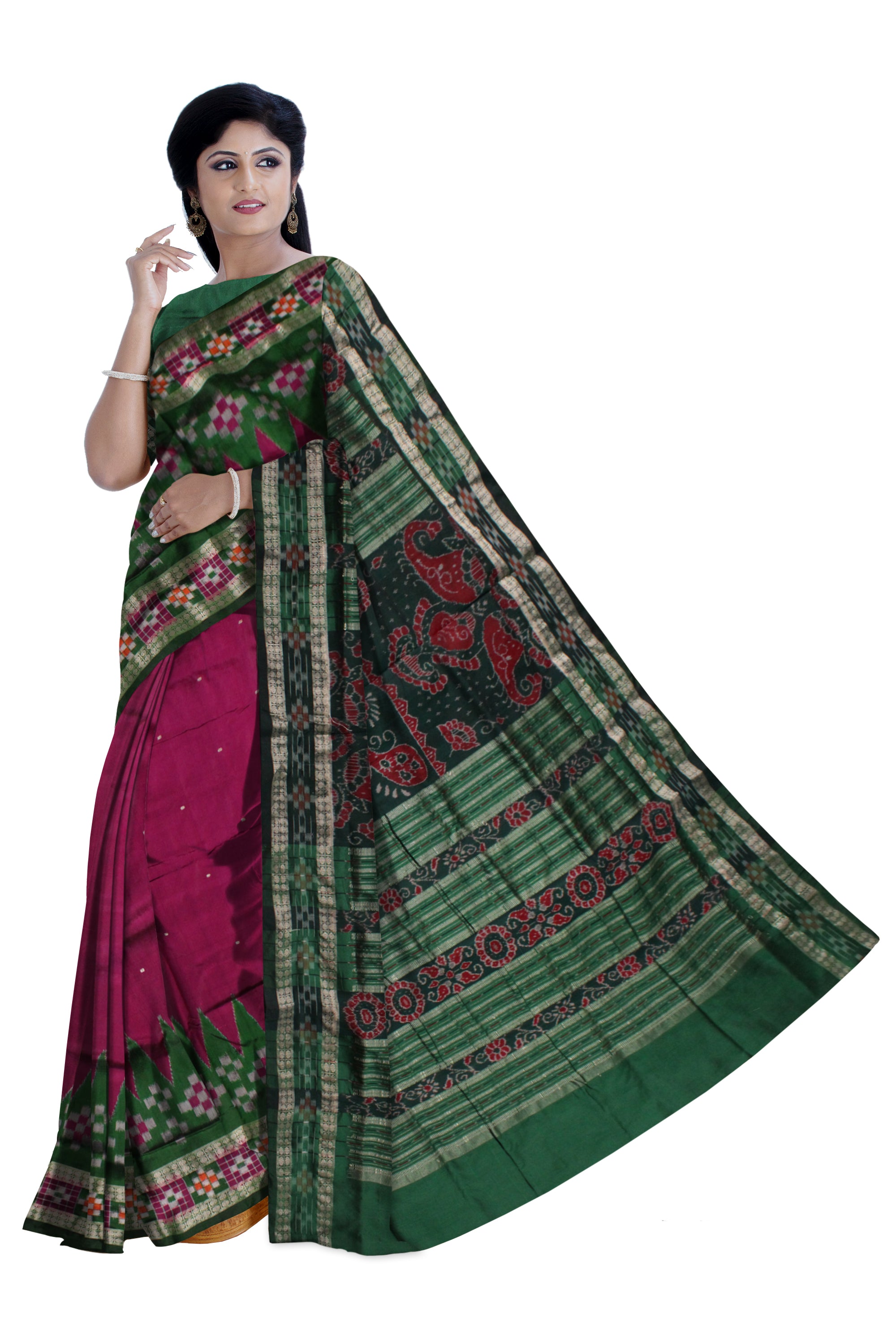 TRADITIONAL DHADI PASAPALI PATTERN PATA SAREE IS PINK AND GREEN COLOR BASE,COMES WITH MATCHING BLOUSE PIECE. - Koshali Arts & Crafts Enterprise