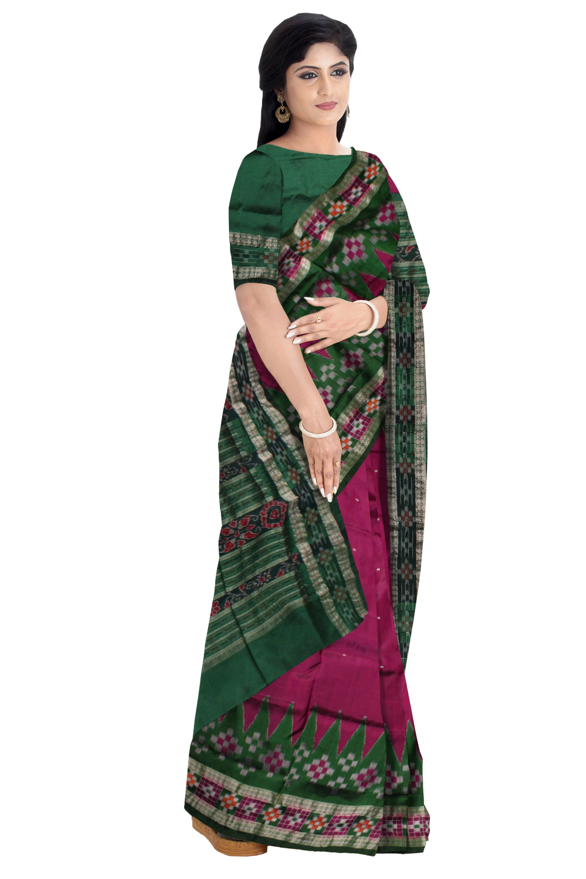 TRADITIONAL DHADI PASAPALI PATTERN PATA SAREE IS PINK AND GREEN COLOR BASE,COMES WITH MATCHING BLOUSE PIECE. - Koshali Arts & Crafts Enterprise