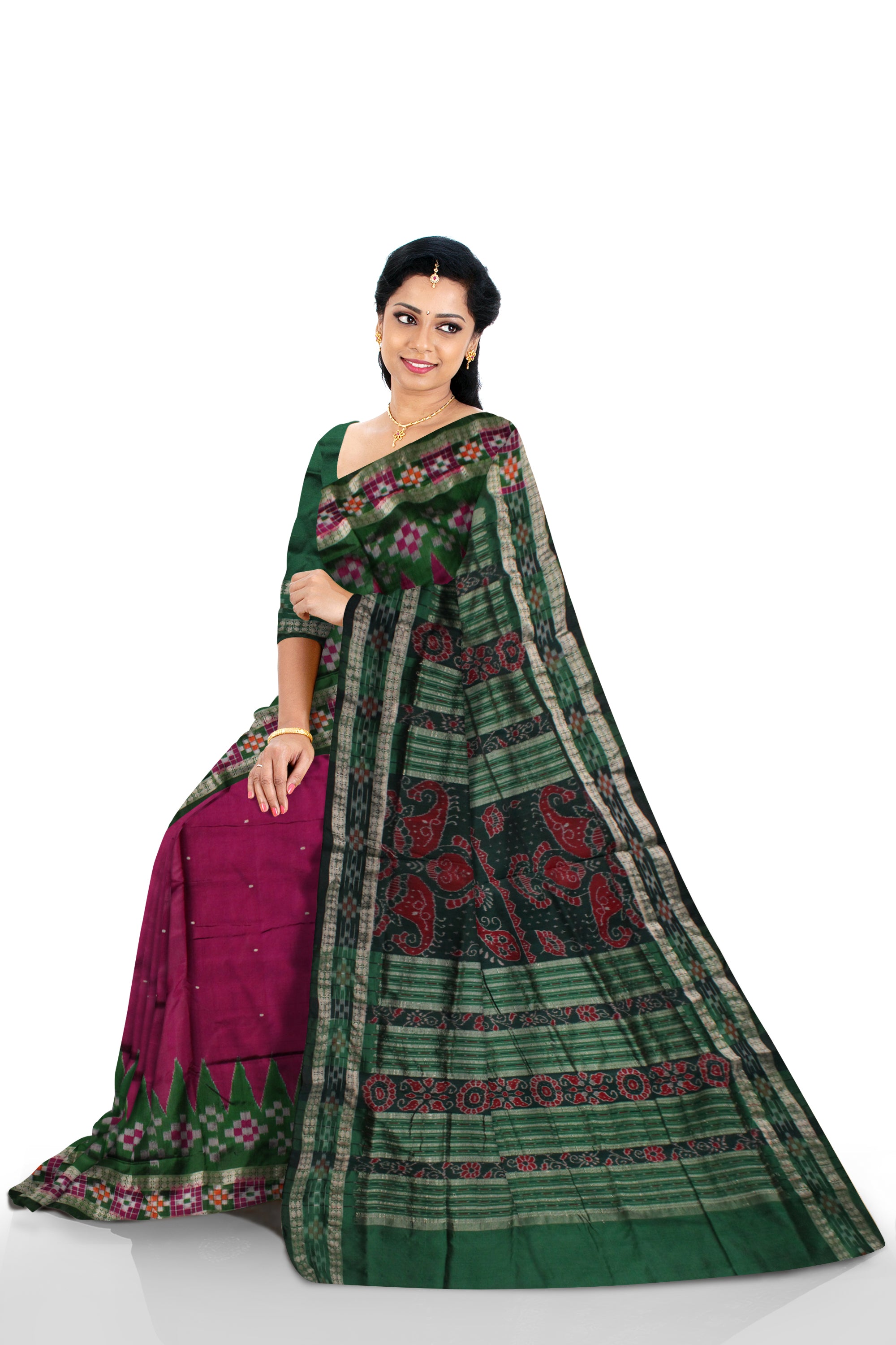 TRADITIONAL DHADI PASAPALI PATTERN PATA SAREE IS PINK AND GREEN COLOR BASE,COMES WITH MATCHING BLOUSE PIECE. - Koshali Arts & Crafts Enterprise