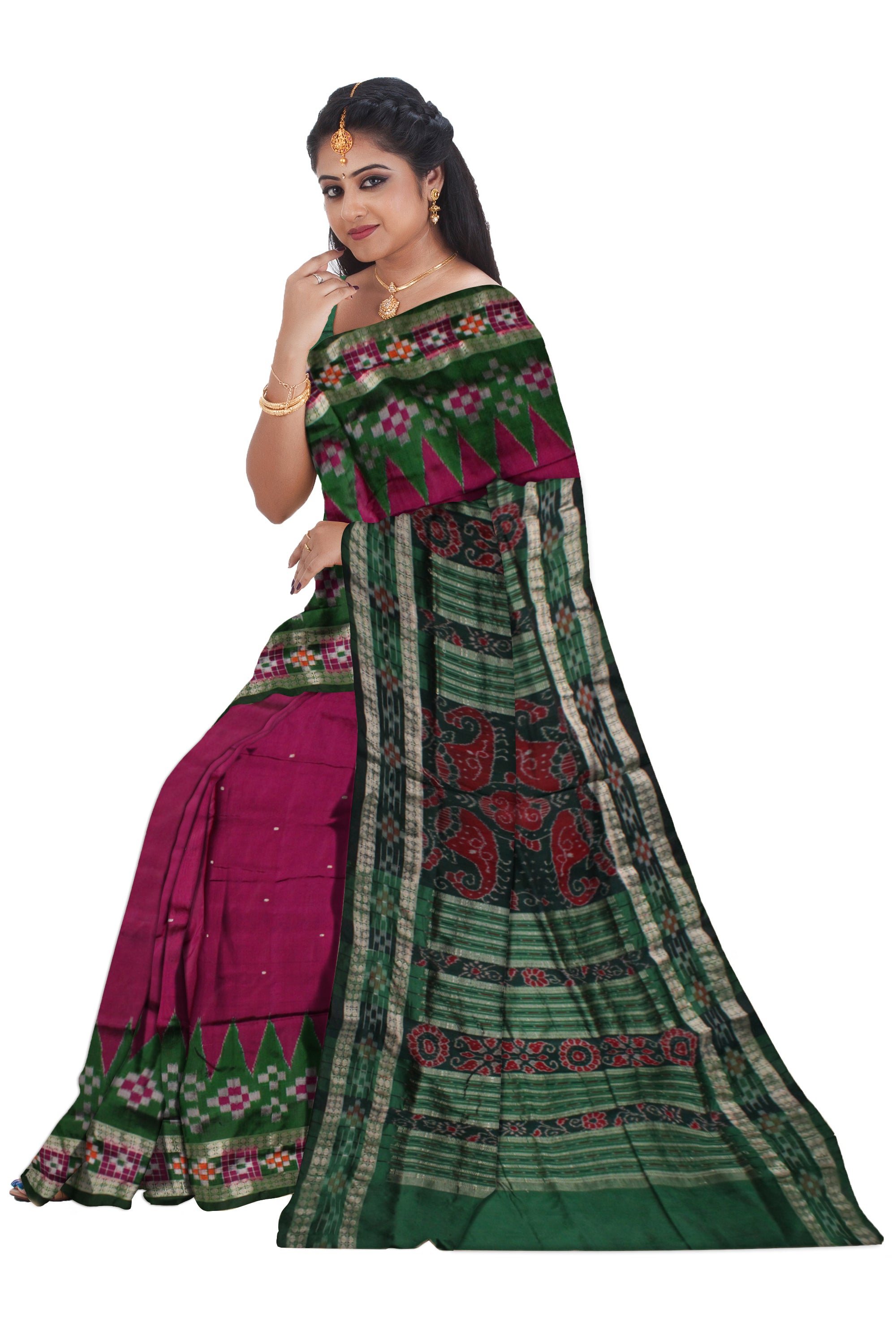 TRADITIONAL DHADI PASAPALI PATTERN PATA SAREE IS PINK AND GREEN COLOR BASE,COMES WITH MATCHING BLOUSE PIECE. - Koshali Arts & Crafts Enterprise