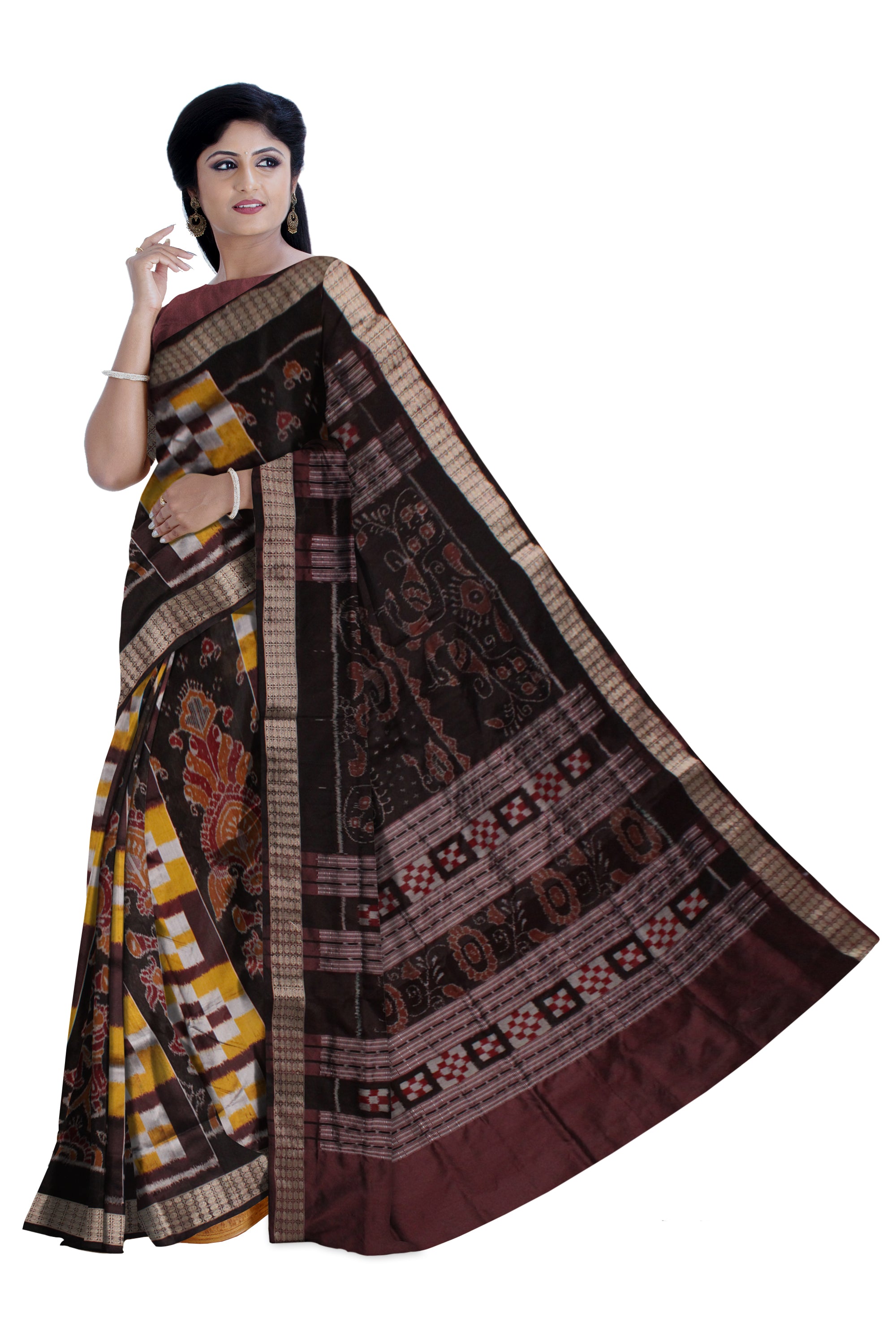 YELLOW AND COFFEE COLOR SAPTA PATTERN PATA SAREE, WITH MATCHING BLOUSE PIECE. - Koshali Arts & Crafts Enterprise