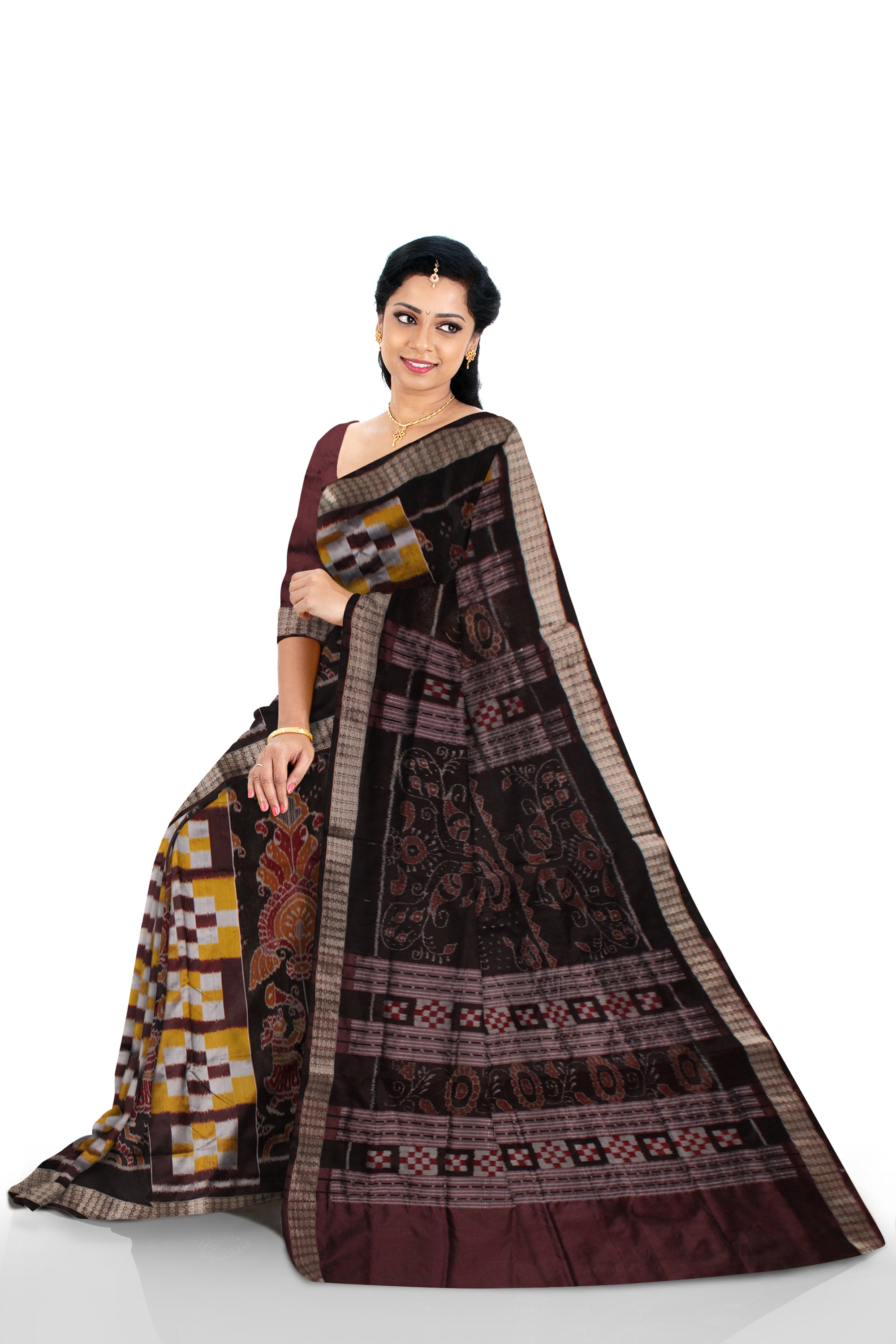 YELLOW AND COFFEE COLOR SAPTA PATTERN PATA SAREE, WITH MATCHING BLOUSE PIECE. - Koshali Arts & Crafts Enterprise