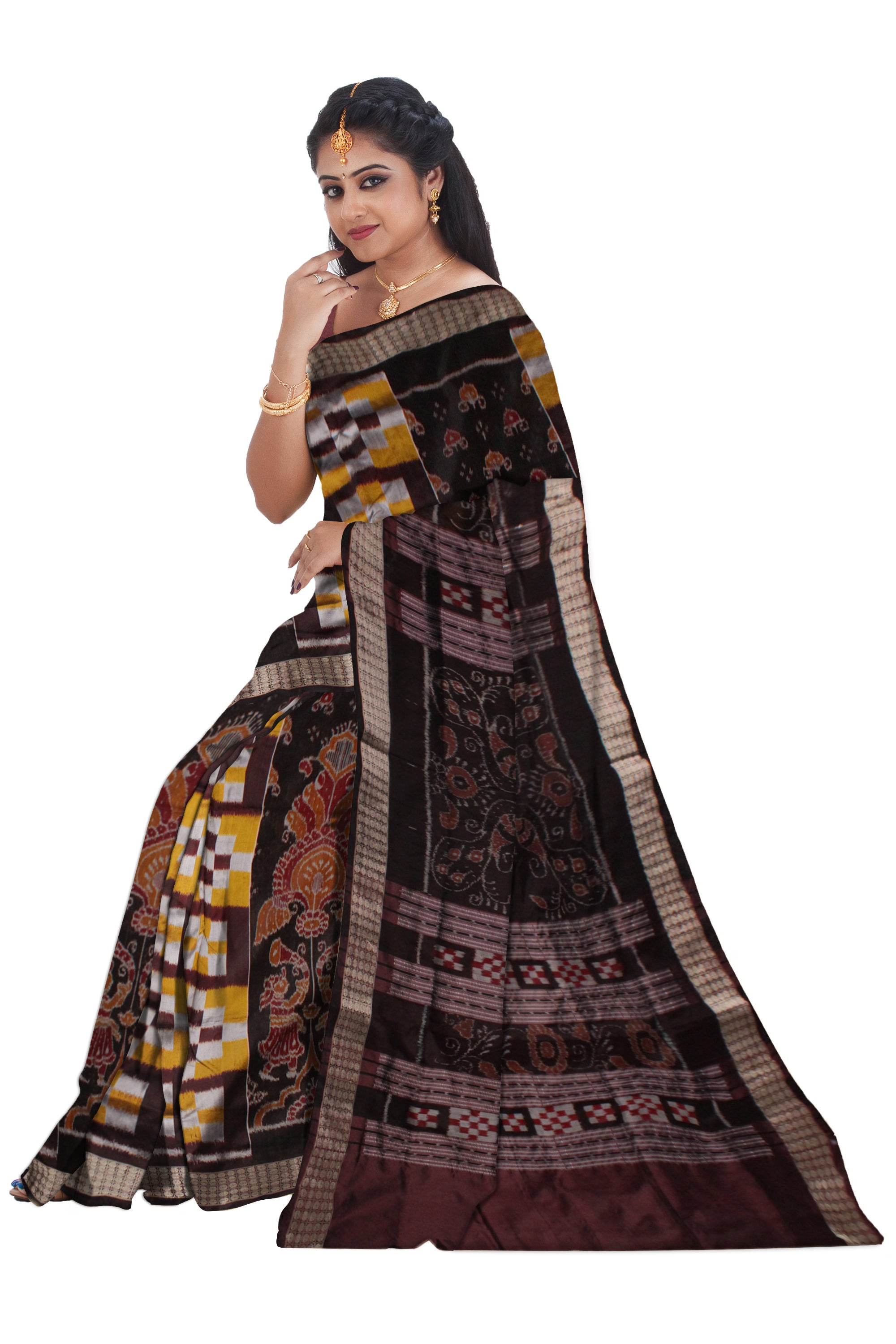 YELLOW AND COFFEE COLOR SAPTA PATTERN PATA SAREE, WITH MATCHING BLOUSE PIECE. - Koshali Arts & Crafts Enterprise