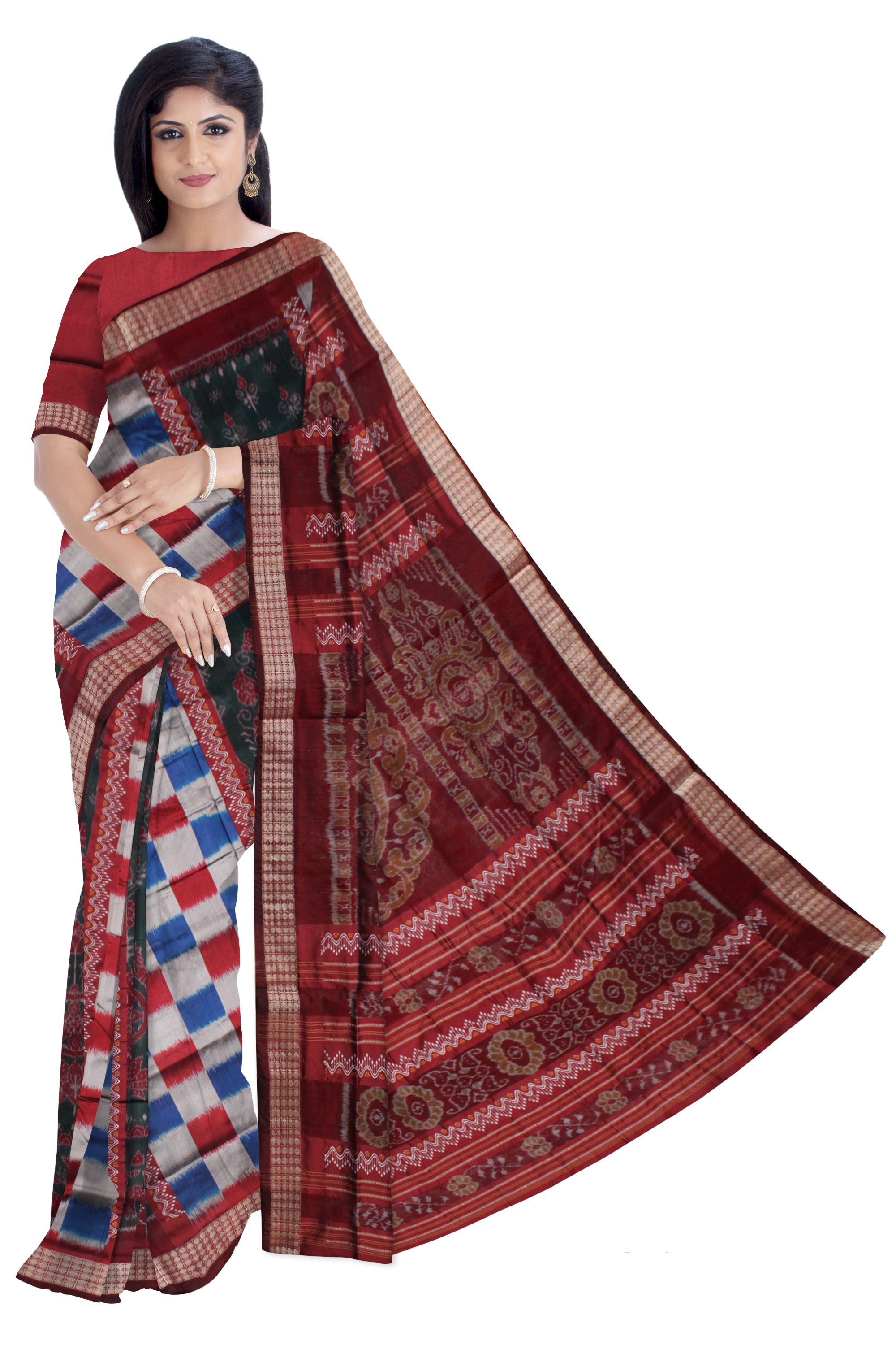 PASAPALI WITH BANDHA PATTERN BOMKEI PATA SAREE IS SKY BLUE AND MAROON COLOR BASE,WITH BLOUSE PIECE. - Koshali Arts & Crafts Enterprise