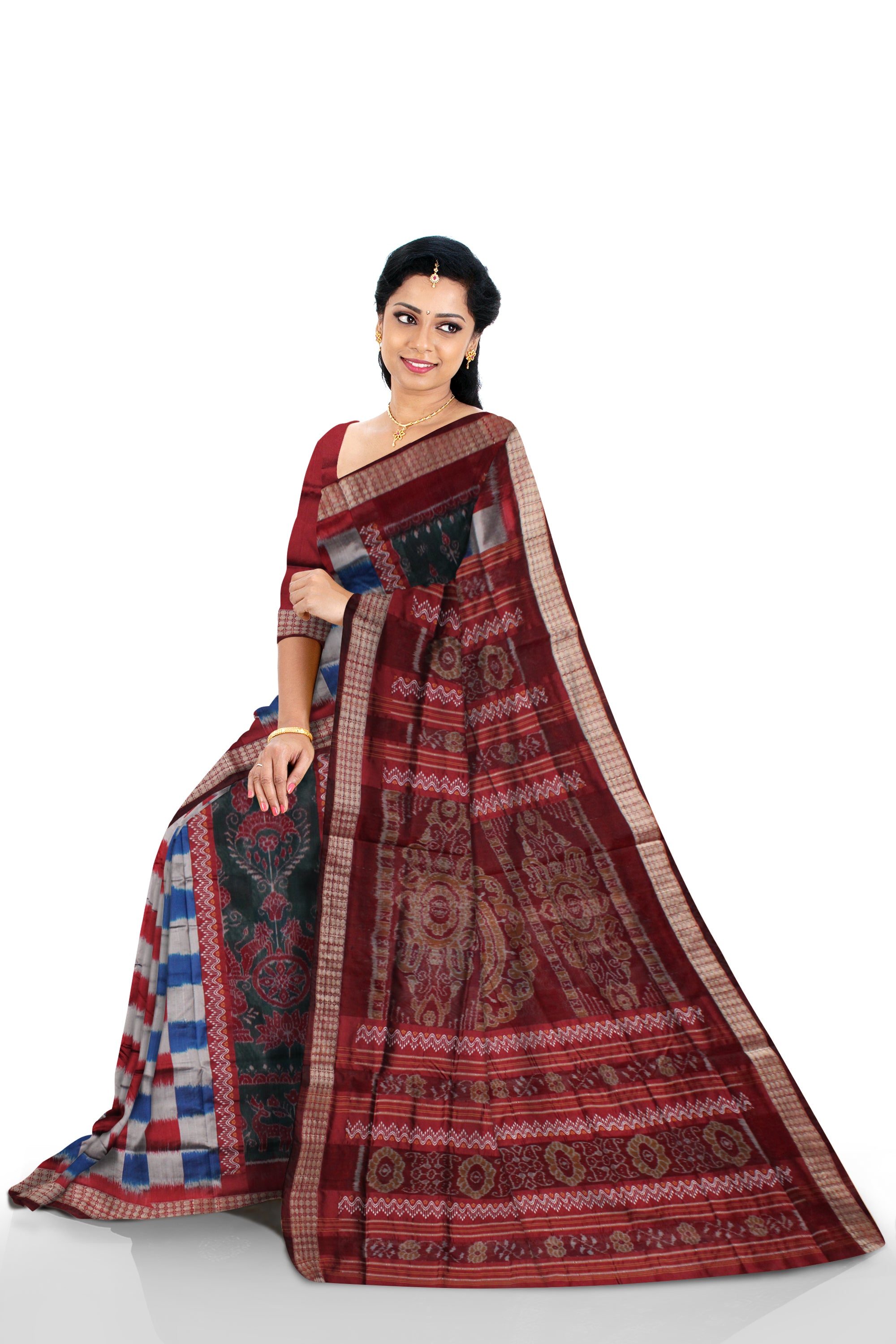 PASAPALI WITH BANDHA PATTERN BOMKEI PATA SAREE IS SKY BLUE AND MAROON COLOR BASE,WITH BLOUSE PIECE. - Koshali Arts & Crafts Enterprise