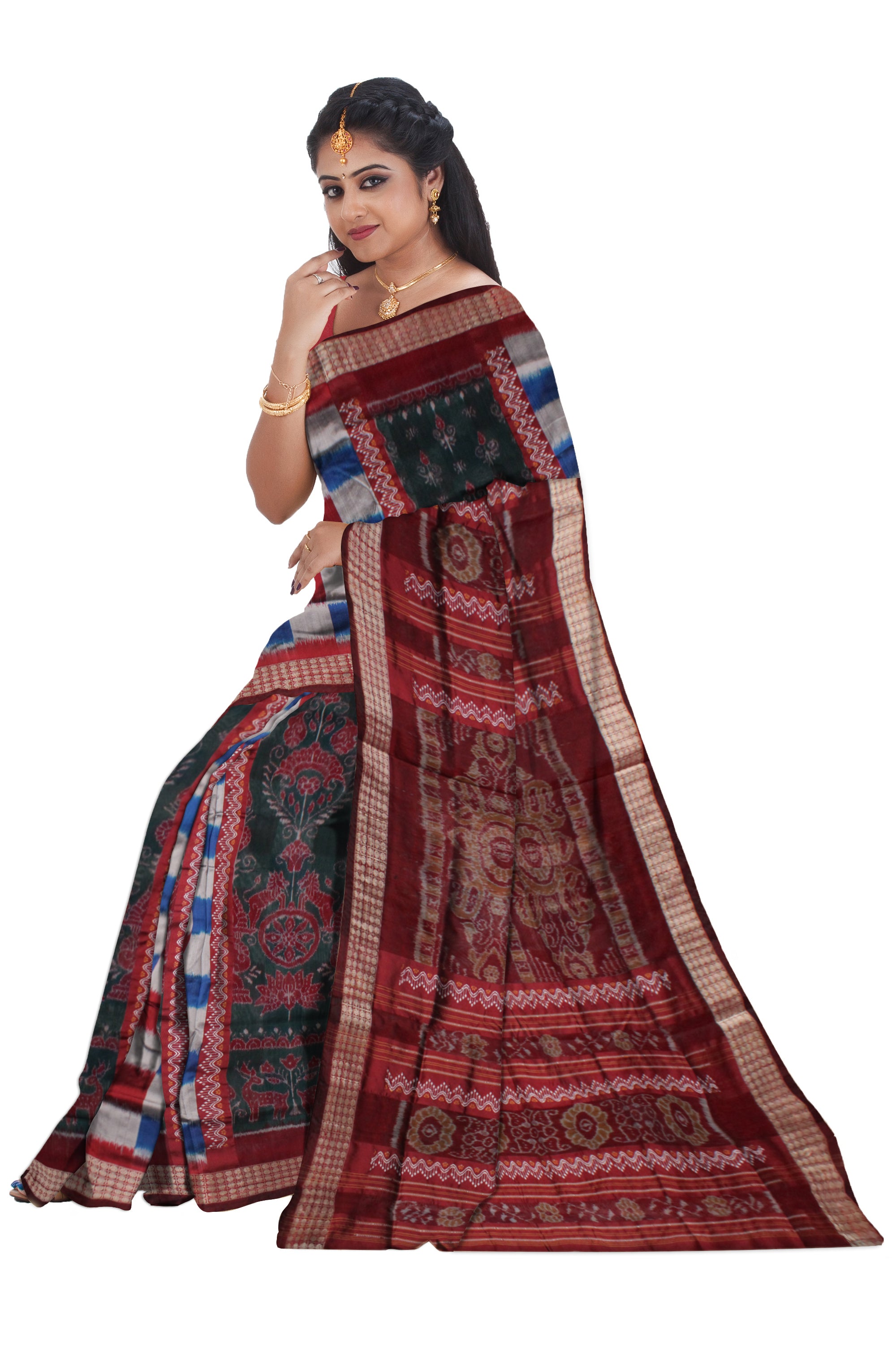 PASAPALI WITH BANDHA PATTERN BOMKEI PATA SAREE IS SKY BLUE AND MAROON COLOR BASE,WITH BLOUSE PIECE. - Koshali Arts & Crafts Enterprise