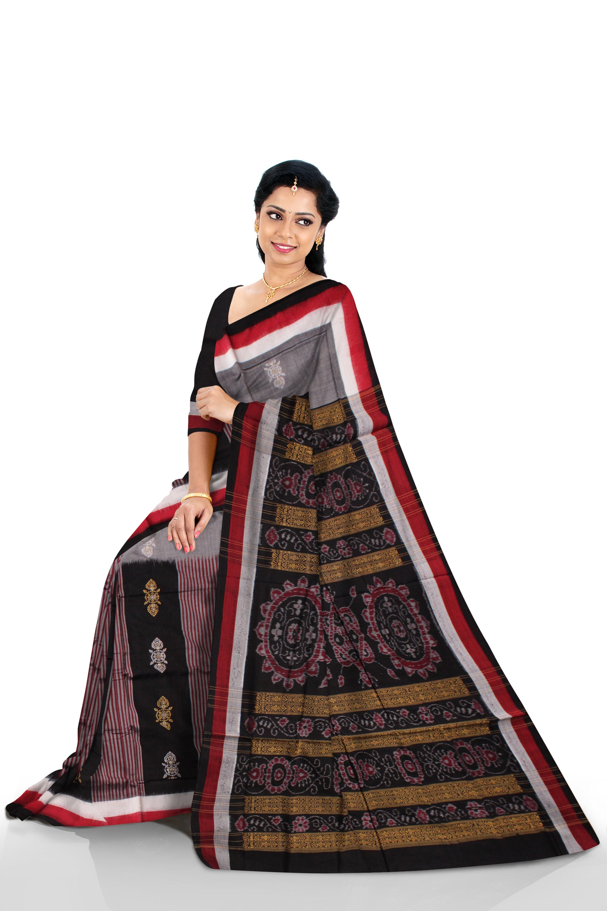 GREY & BLACK COLOR SAMBALPURI COTTON SAREE, WITH BLOUSE PIECE. - Koshali Arts & Crafts Enterprise