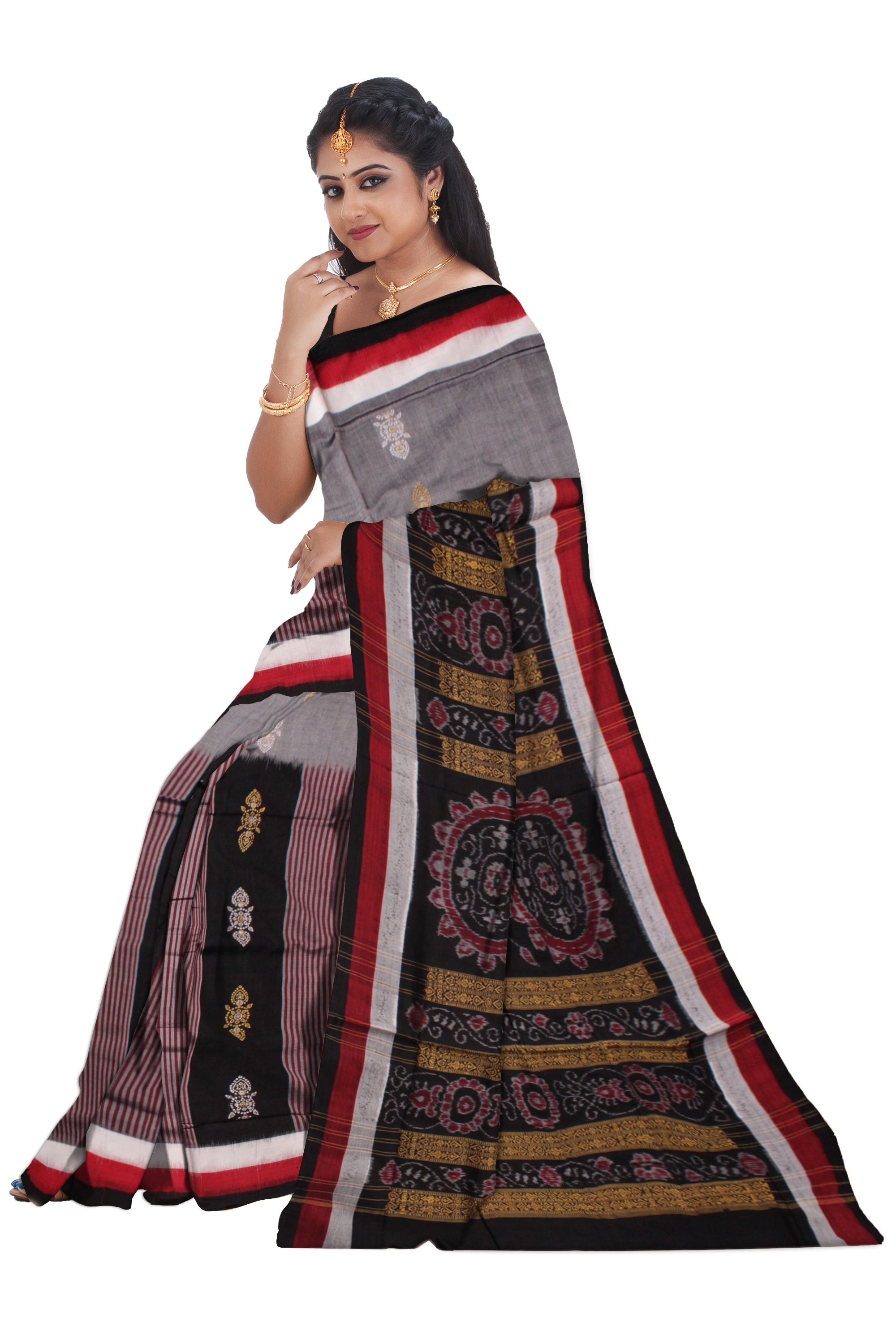 GREY & BLACK COLOR SAMBALPURI COTTON SAREE, WITH BLOUSE PIECE. - Koshali Arts & Crafts Enterprise