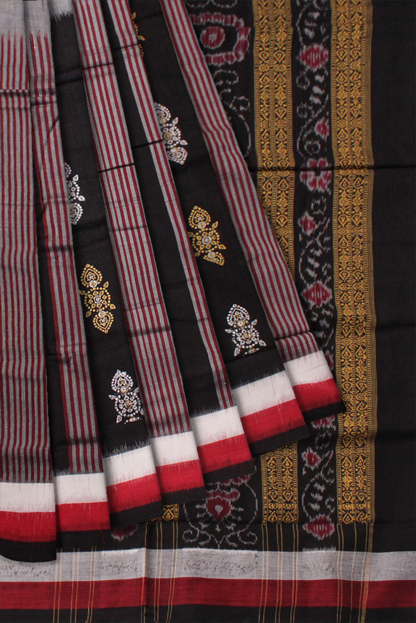 GREY & BLACK COLOR SAMBALPURI COTTON SAREE, WITH BLOUSE PIECE. - Koshali Arts & Crafts Enterprise