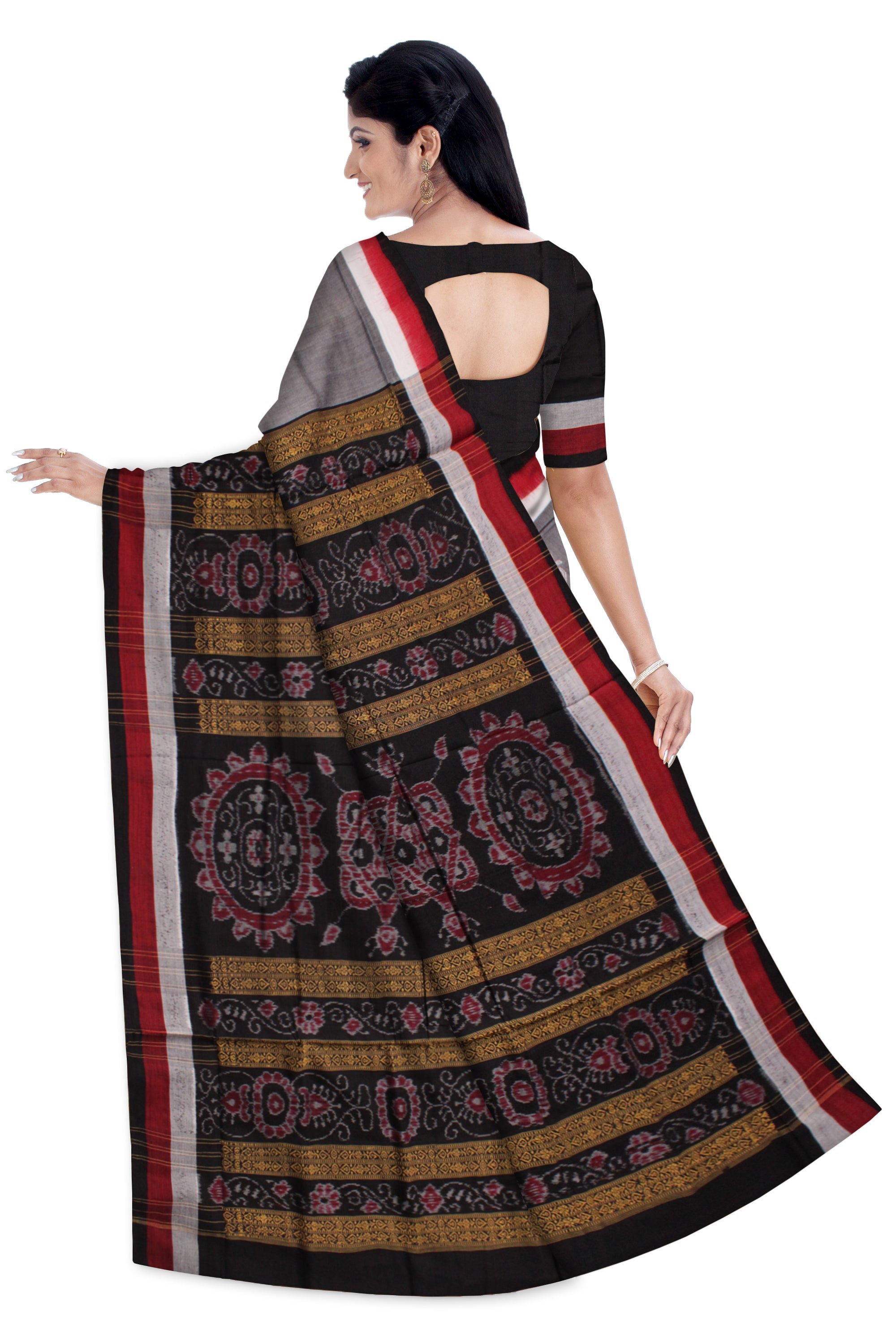 GREY & BLACK COLOR SAMBALPURI COTTON SAREE, WITH BLOUSE PIECE. - Koshali Arts & Crafts Enterprise